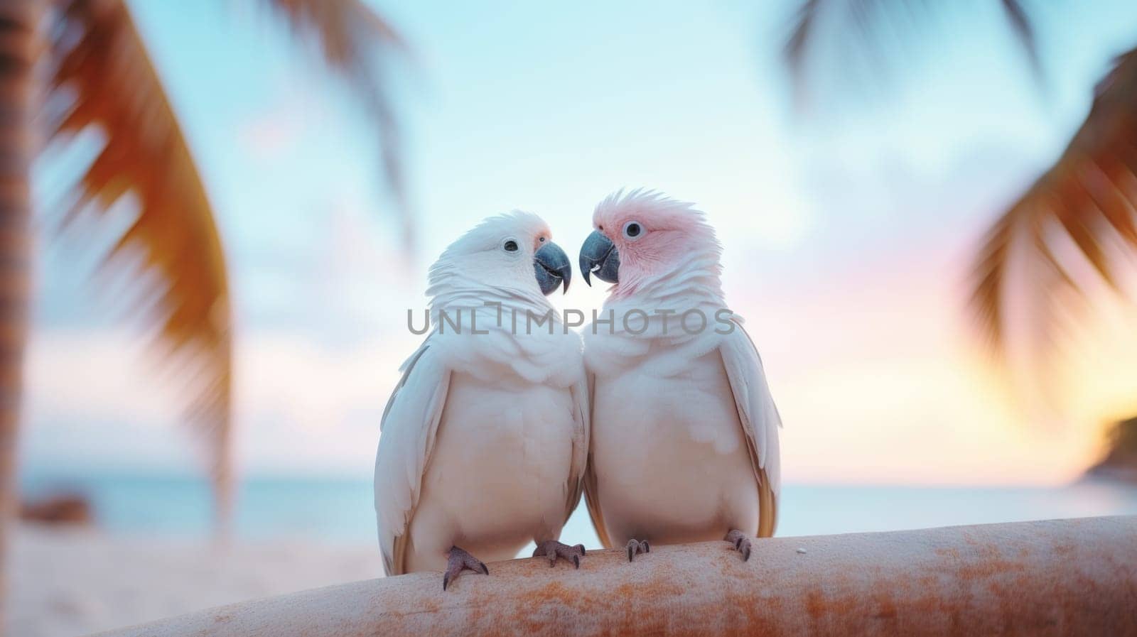 Two white parrots sitting on a branch near the ocean