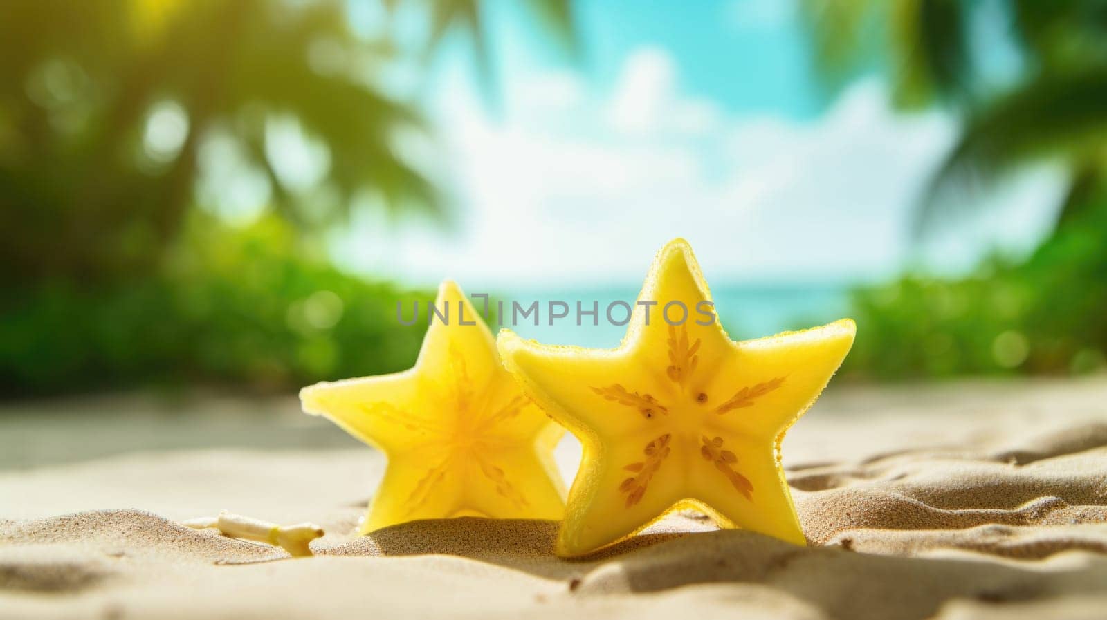 Two slices of starfruit on the beach with palm trees, AI