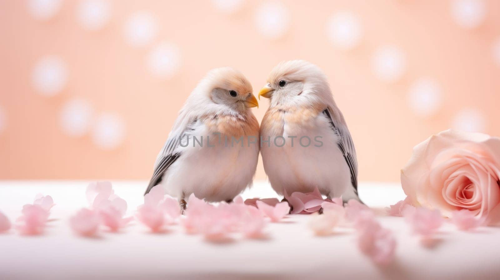 Two lovebirds are sitting on a pink background