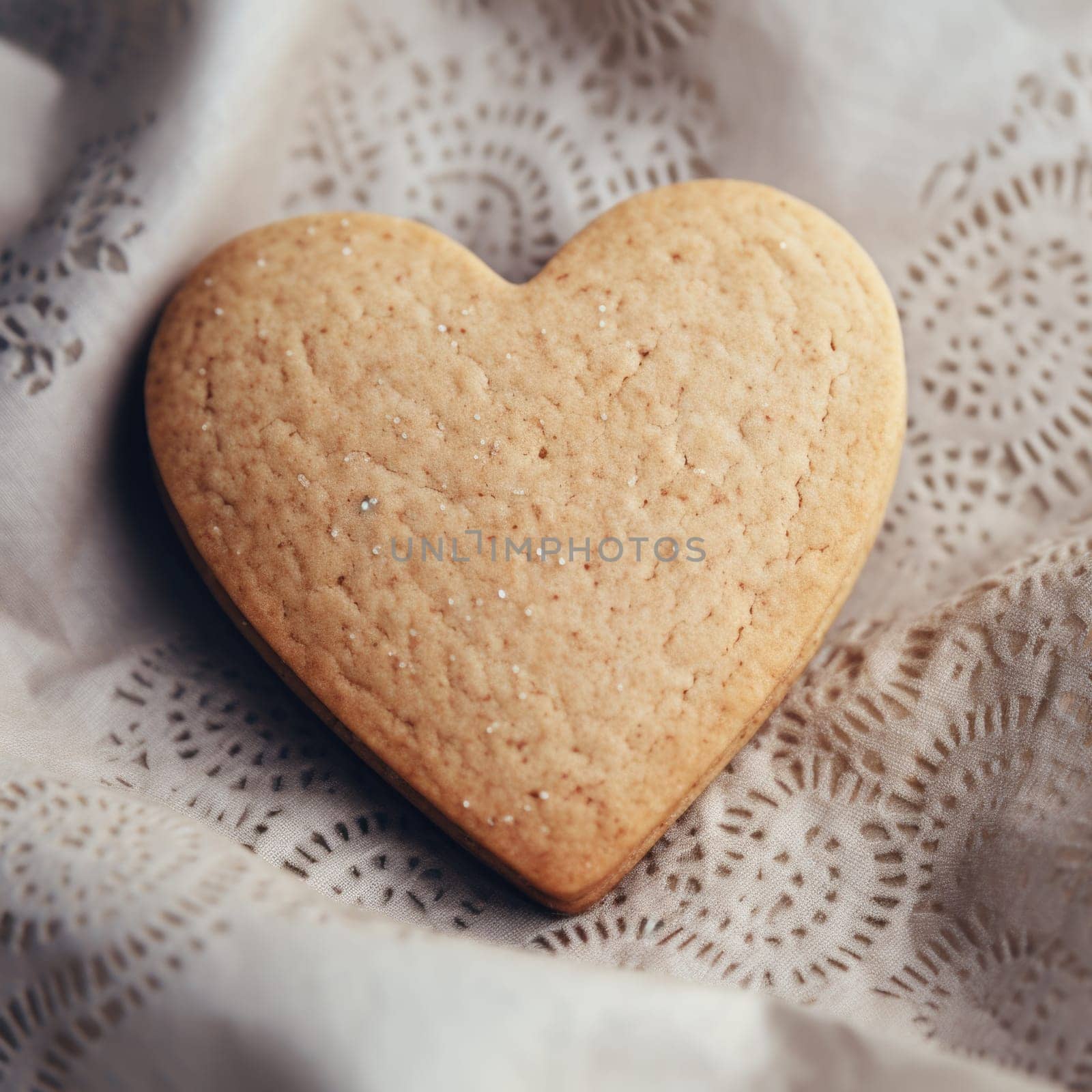 A heart shaped cookie on a lace tablecloth