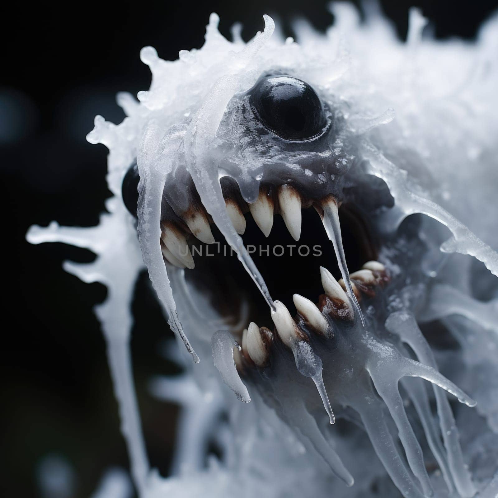 A close up of a frozen monster with its mouth open