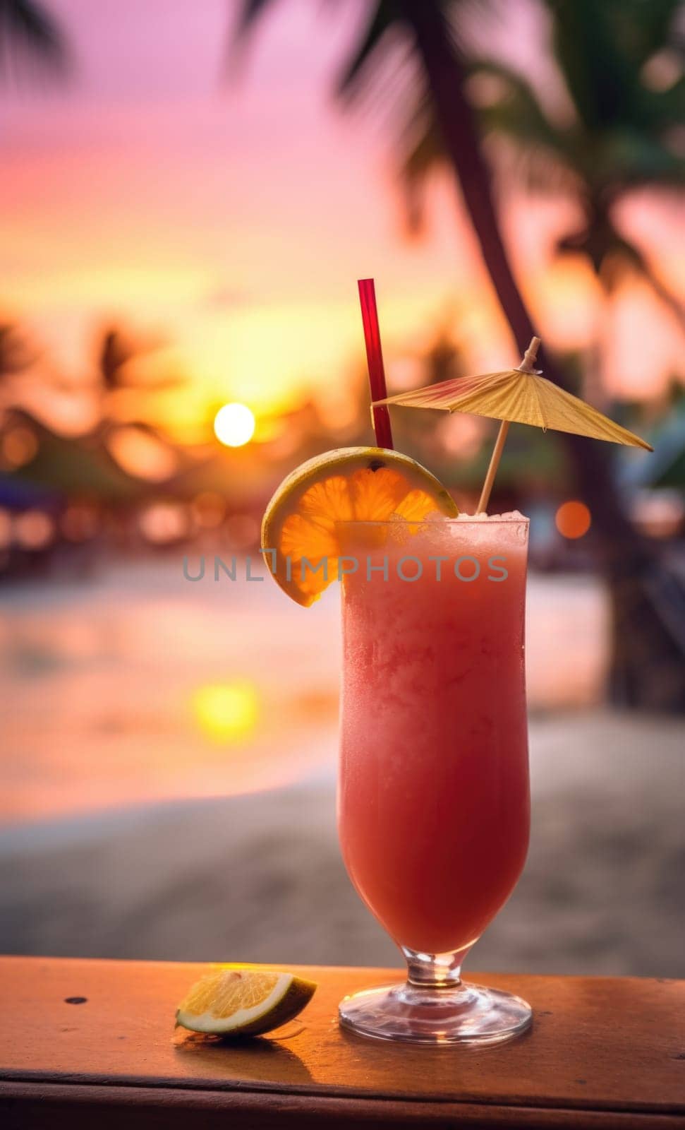 An alcohol long drink cocktail with a sunset in the background, AI by starush