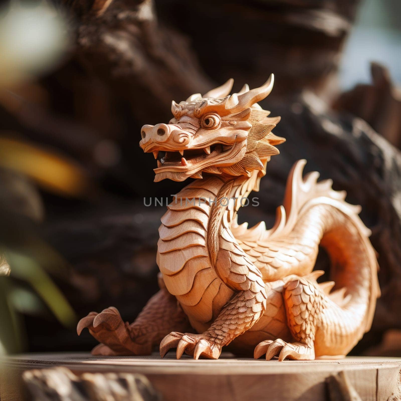 A wooden dragon statue is sitting on top of a wooden log, AI by starush