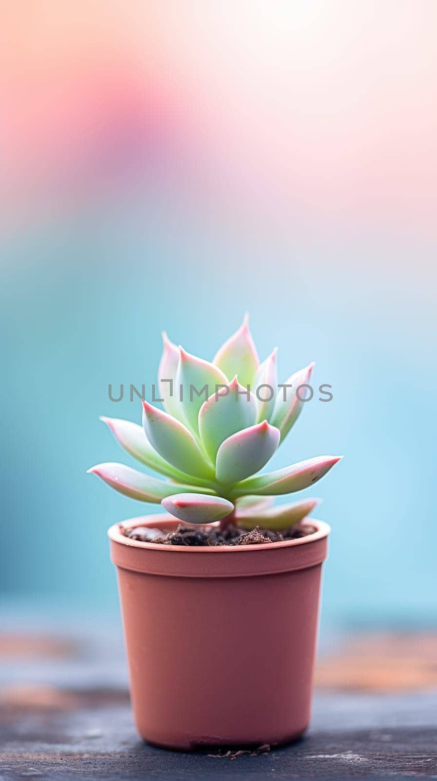 Small succulent plant in a pot on a wooden table, AI by starush