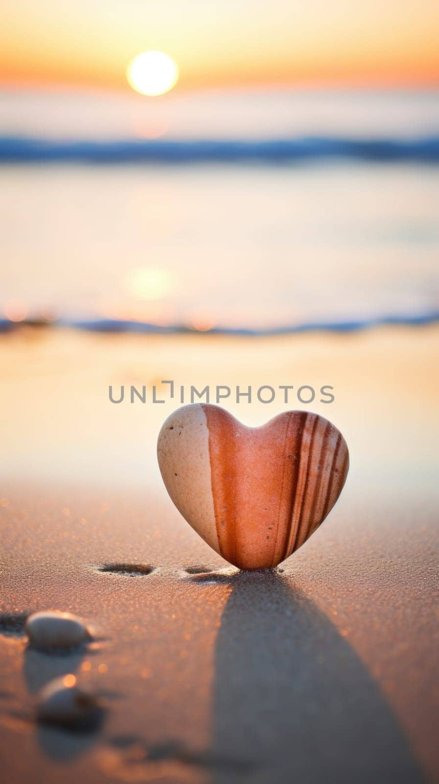 A heart shaped stone on the beach at sunset, AI by starush