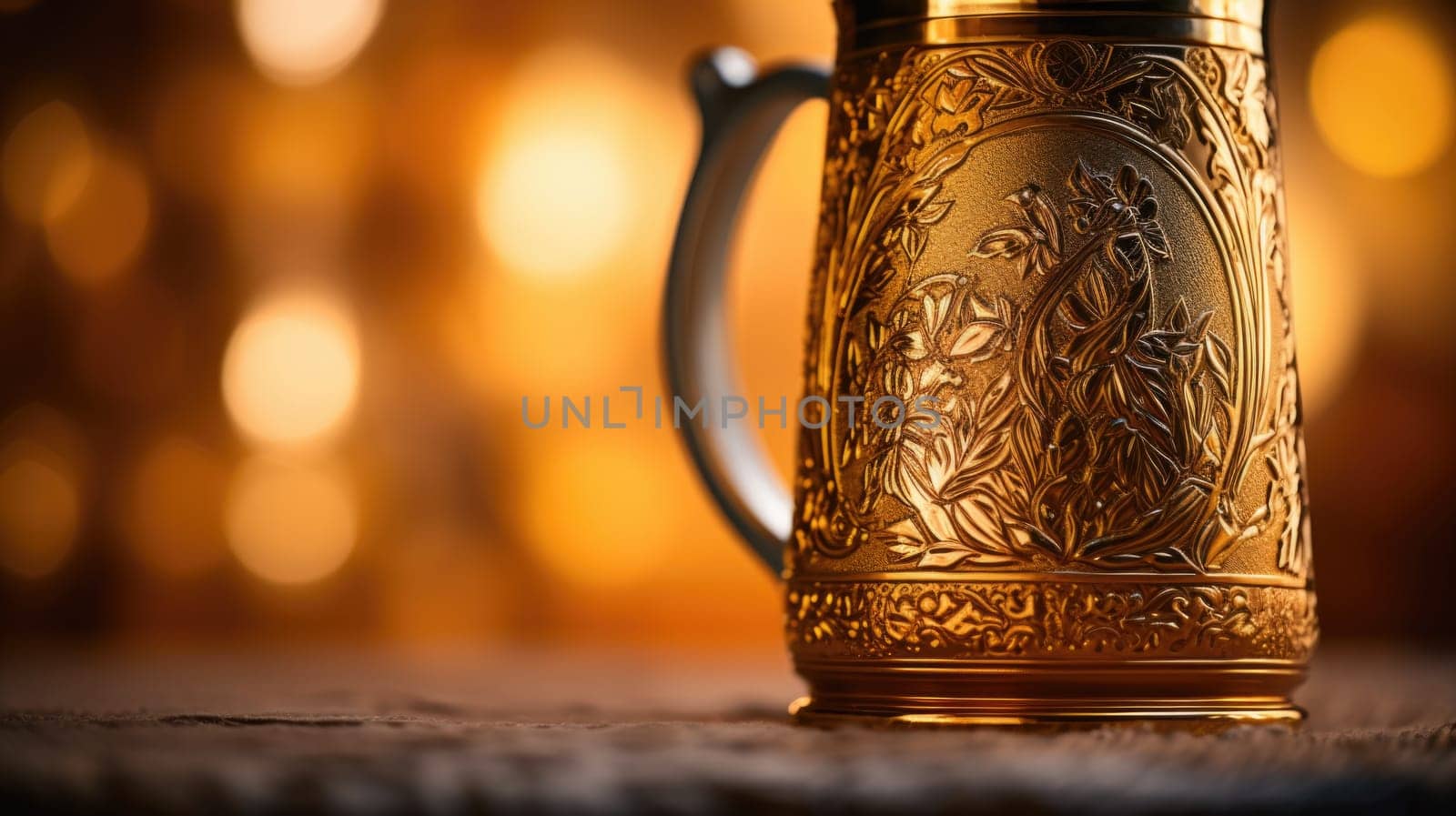 A golden beer stein on a wooden table