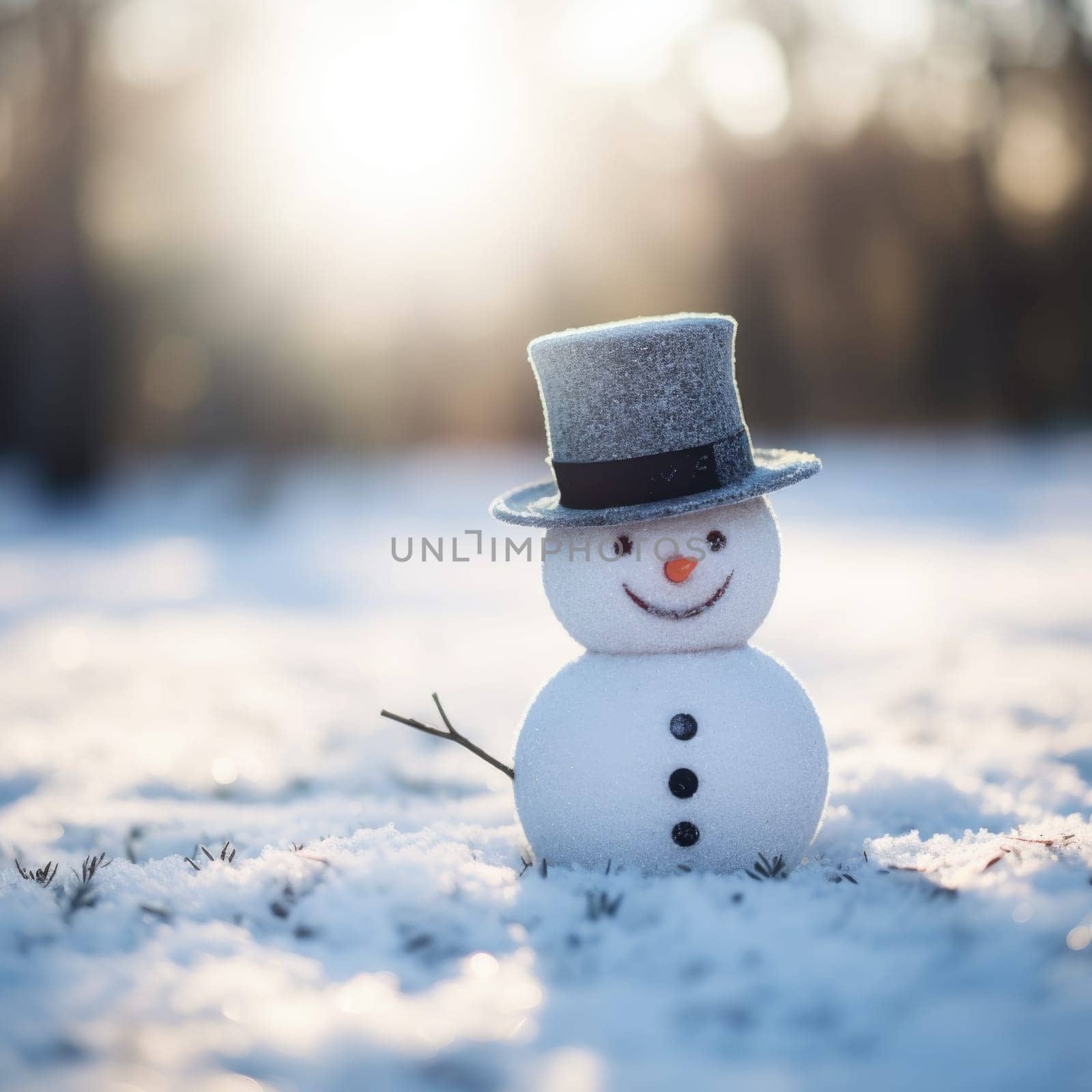 A snowman wearing a hat and a scarf