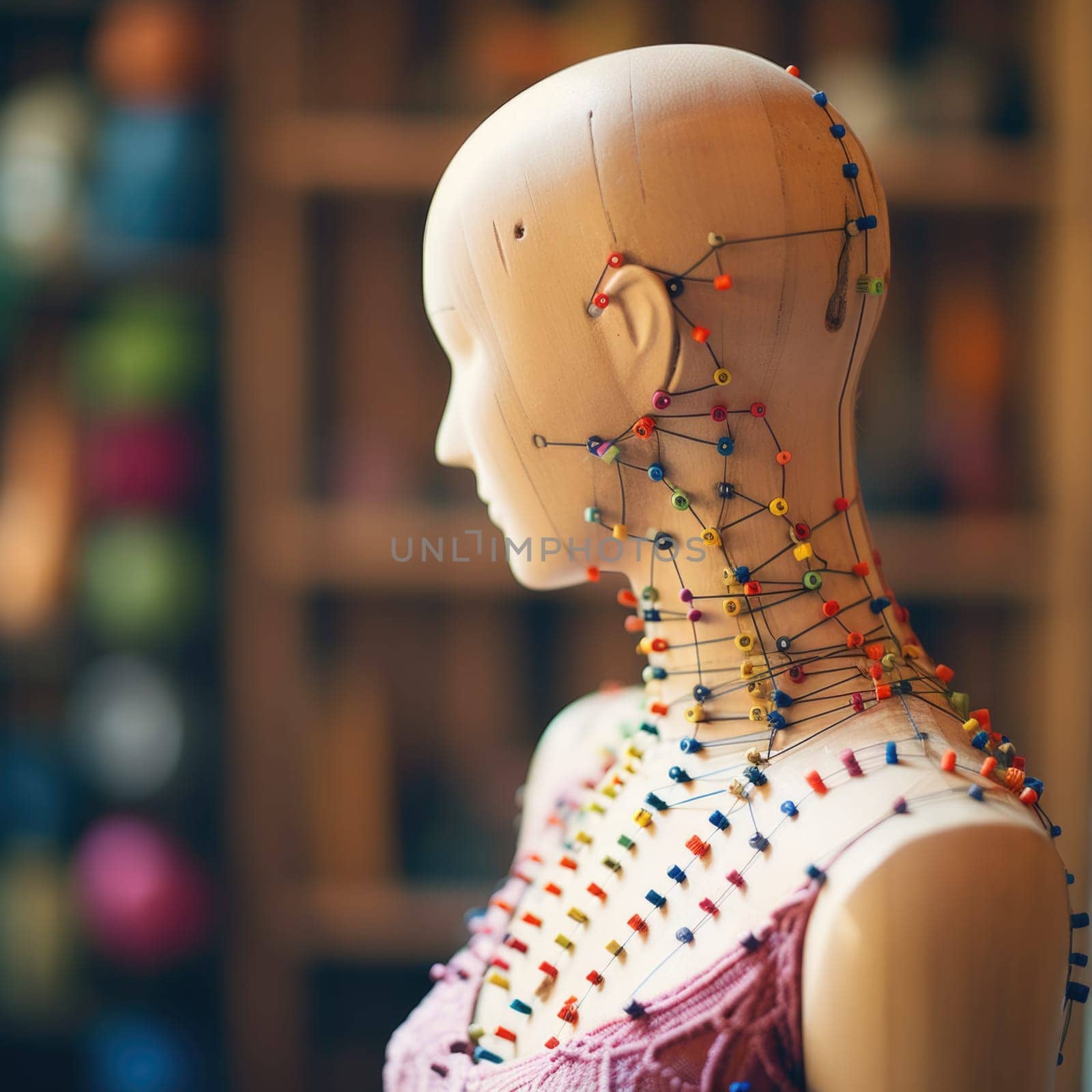 A mannequin with colorful beads on its head, AI by starush