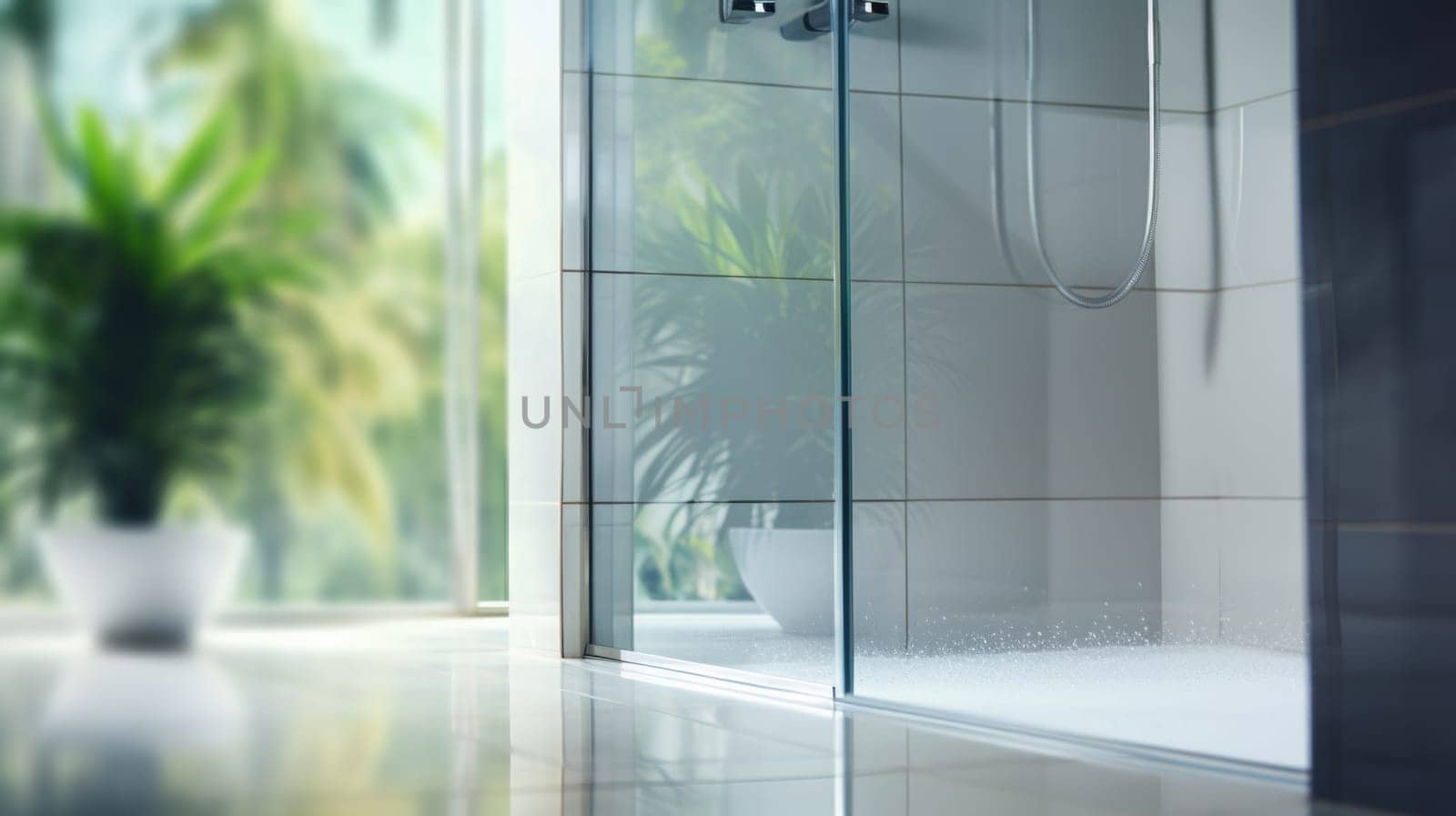 A glass shower door with a plant in the corner, AI by starush