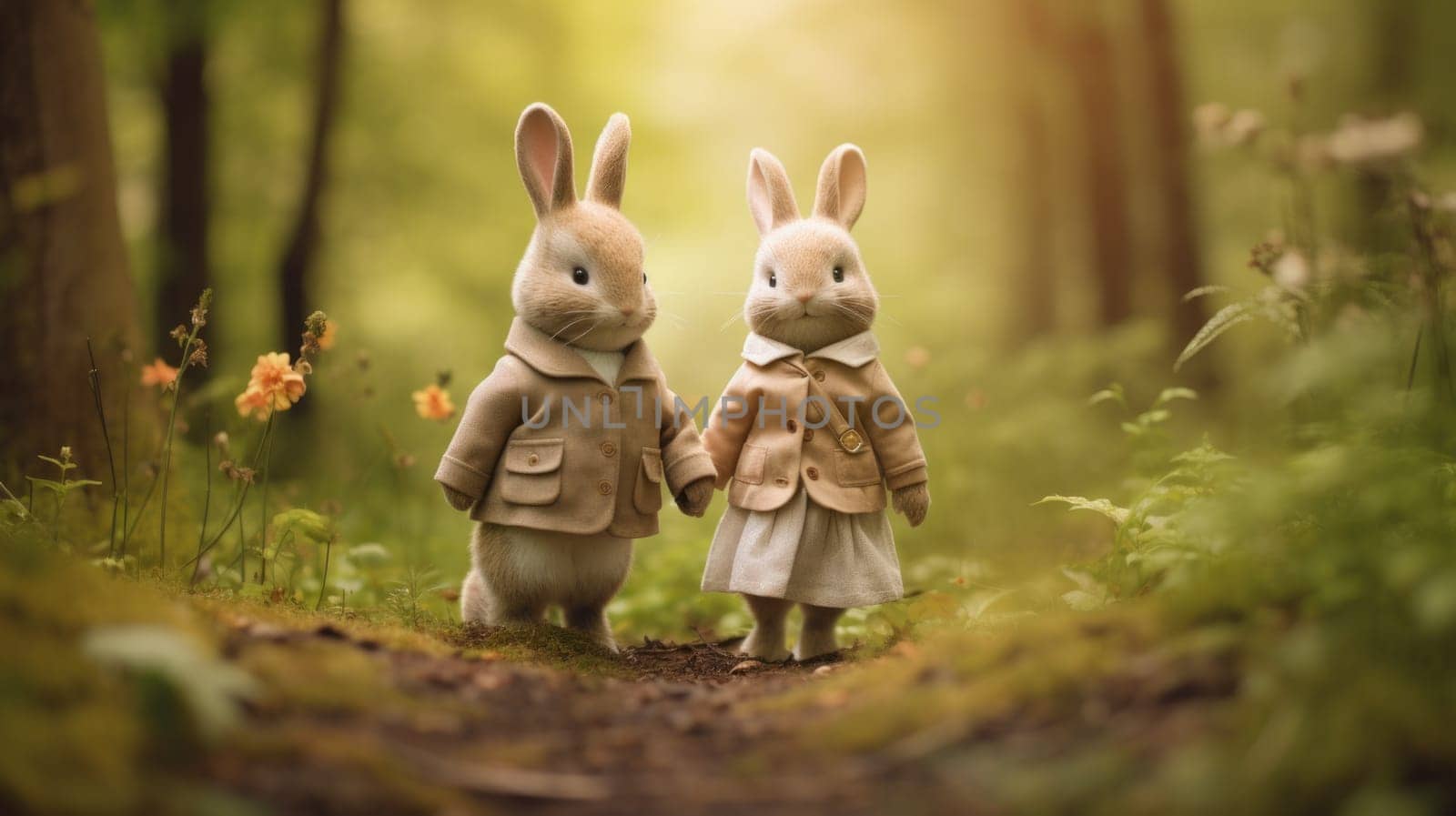 Two rabbits in a forest holding hands