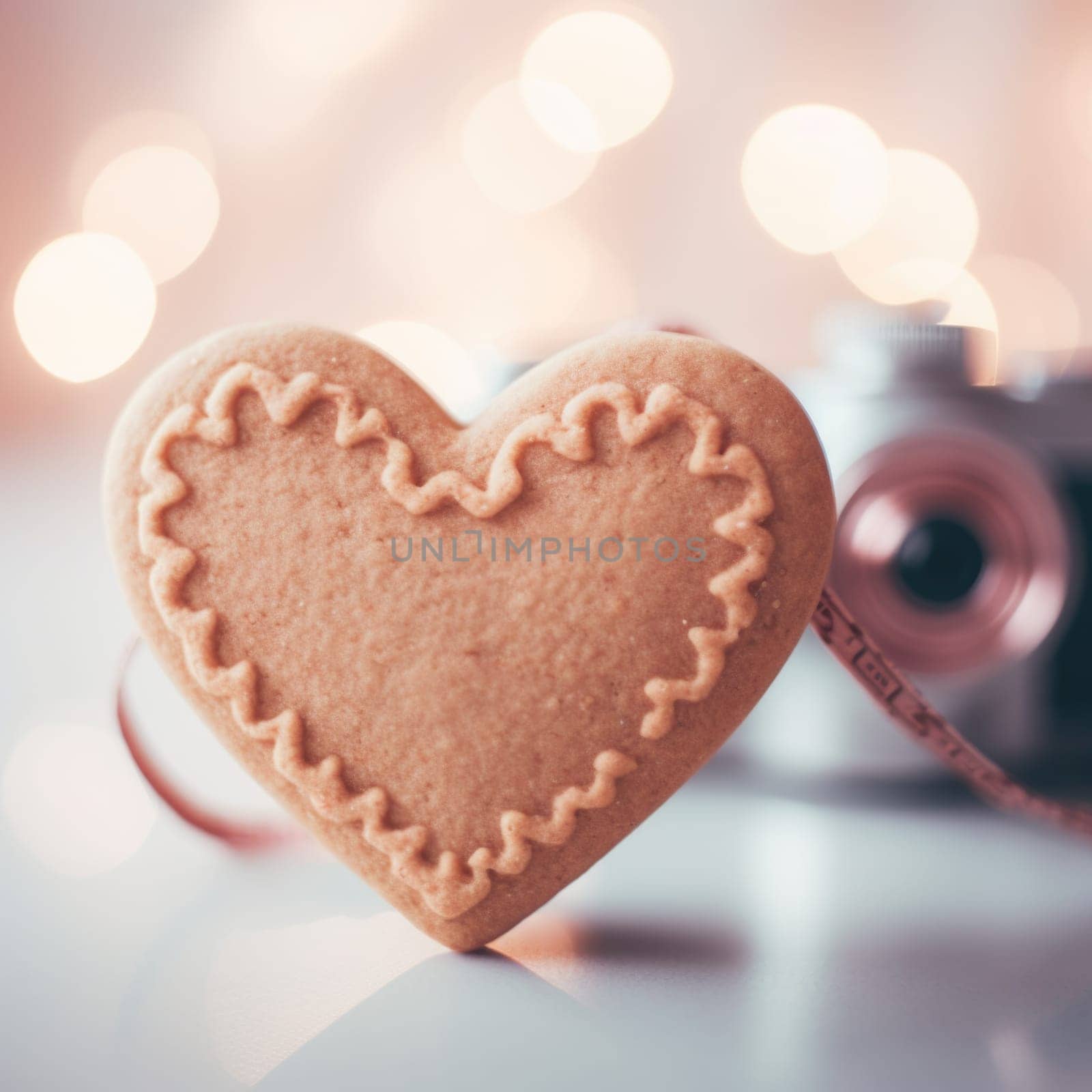 A heart shaped cookie with a camera on a table