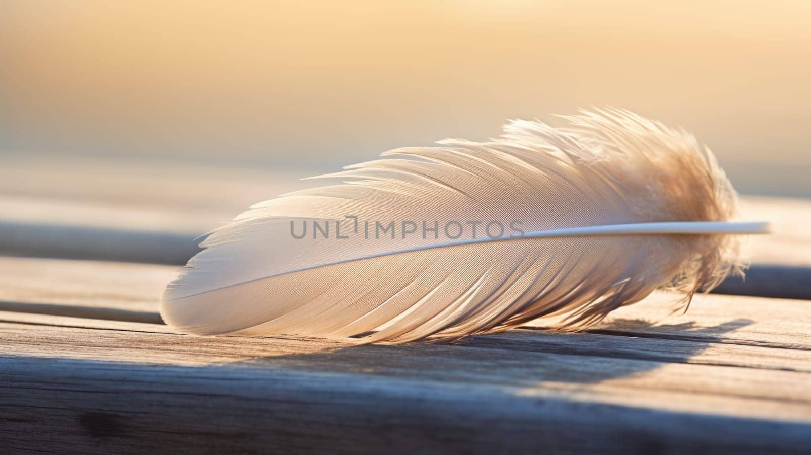 A white feather laying on a wooden table, AI by starush