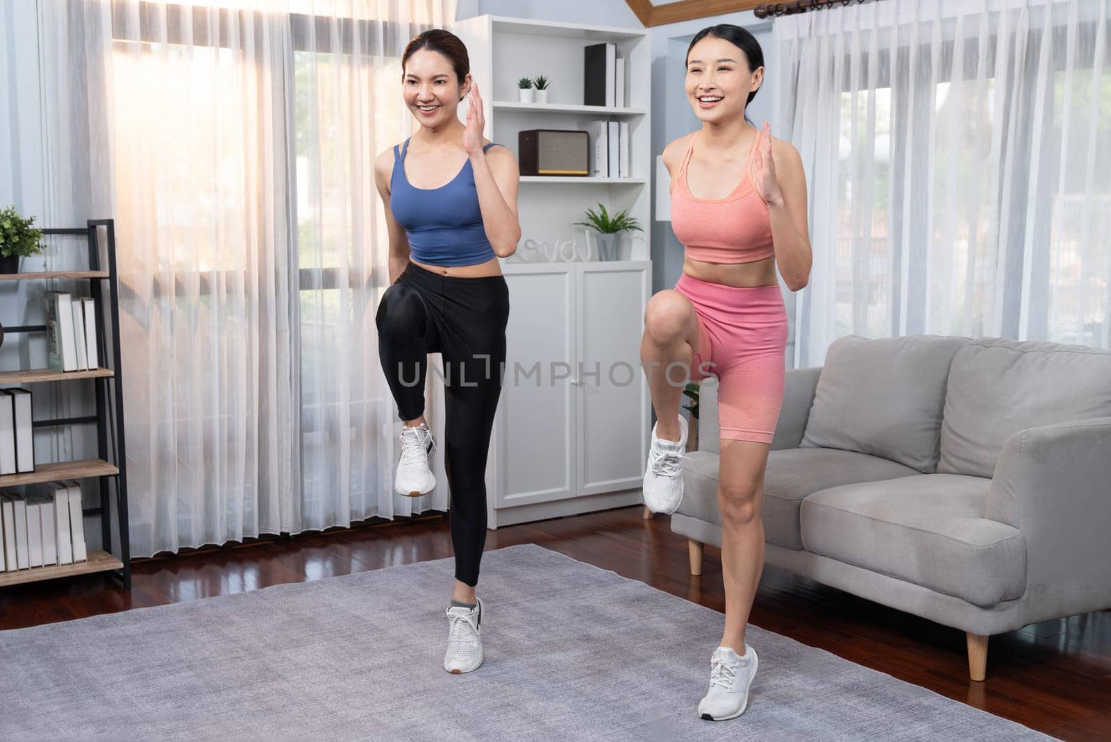 Energetic and strong athletic asian woman with workout buddy running in place at her home. Pursuit of fit physique and commitment to healthy lifestyle with home workout and training. Vigorous