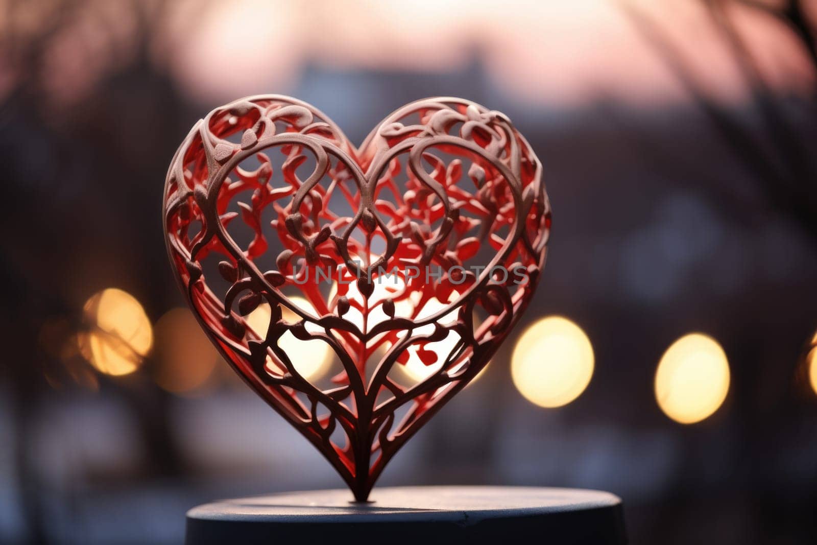 A red heart shaped sculpture on a table