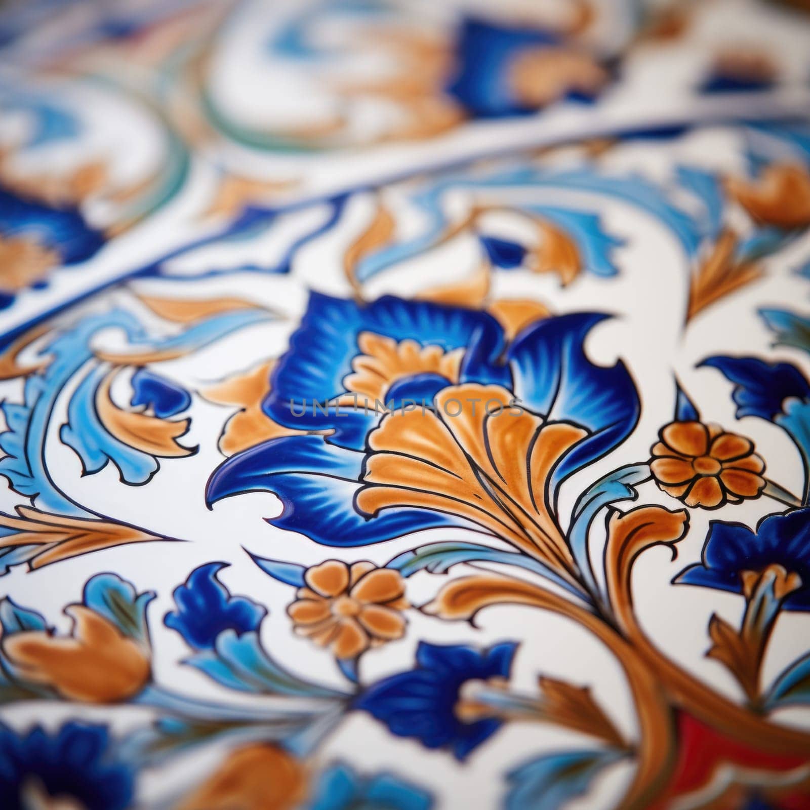A close up of a decorative plate with blue and orange flowers, AI by starush