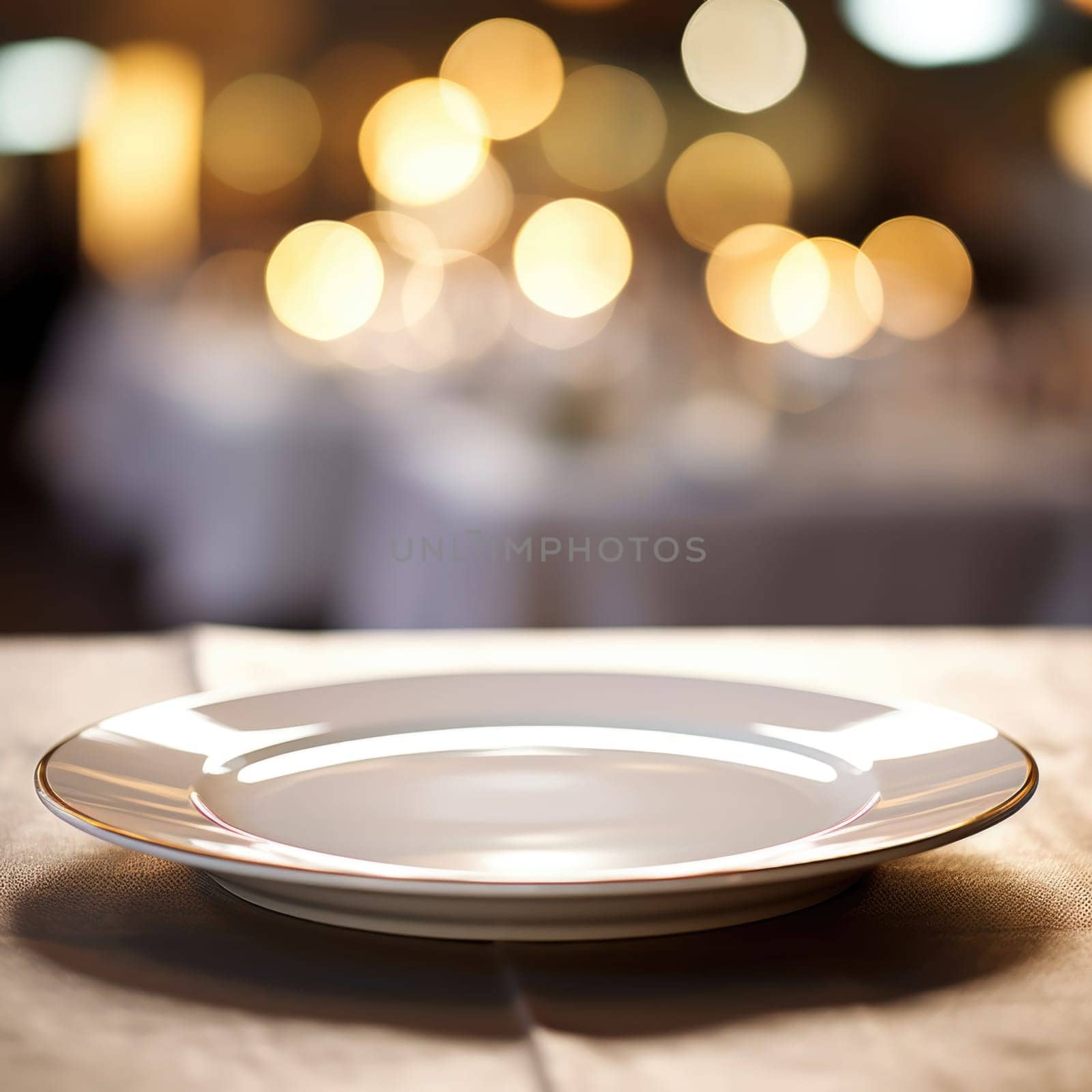 Empty plate on table in restaurant with blurred background, AI by starush