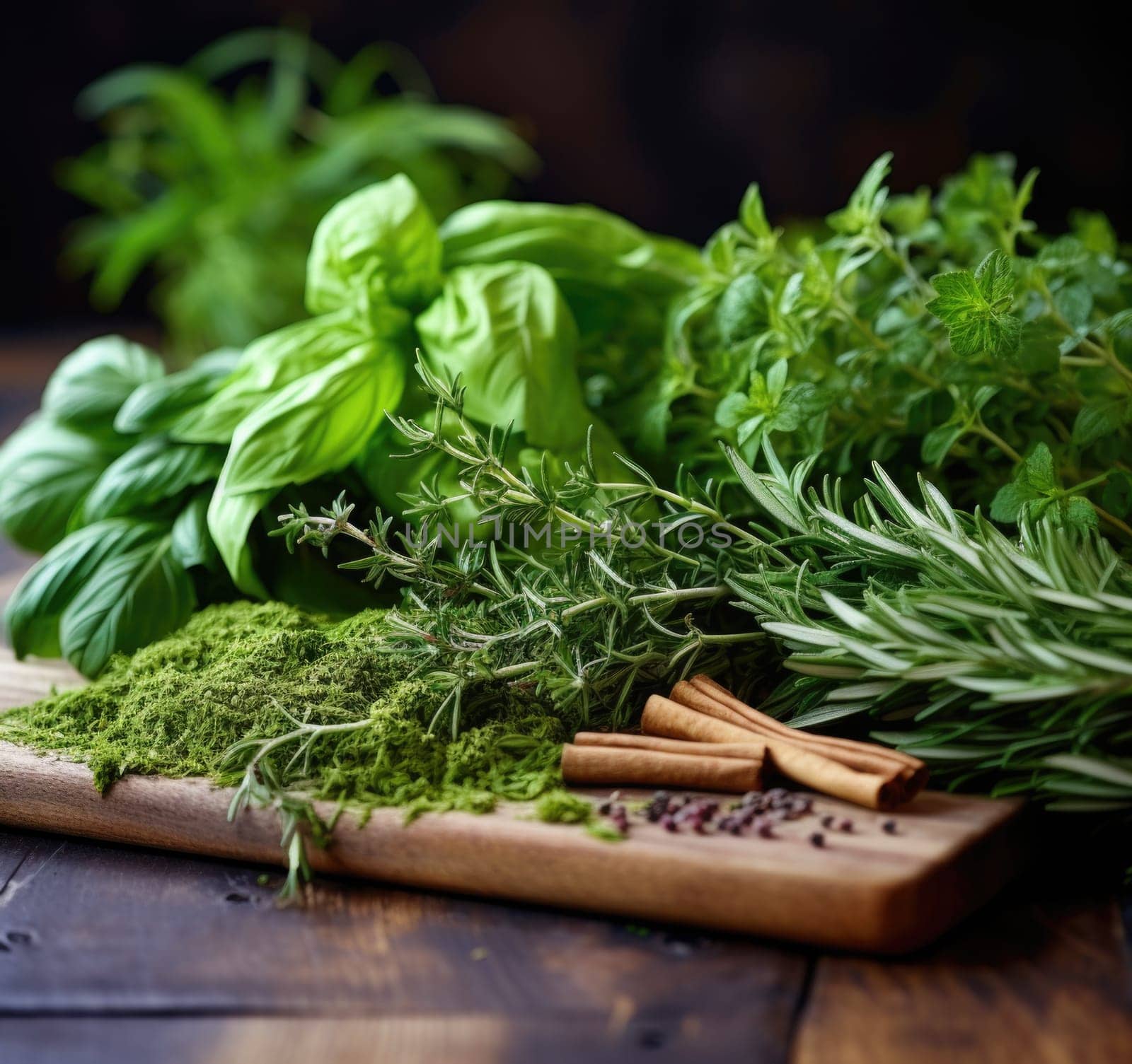 Herbs and spices on a wooden cutting board