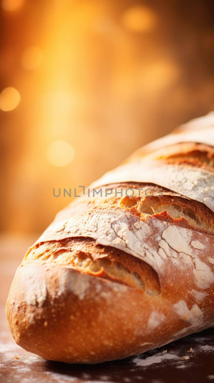 Fresh bread on a wooden table with a light background, AI by starush