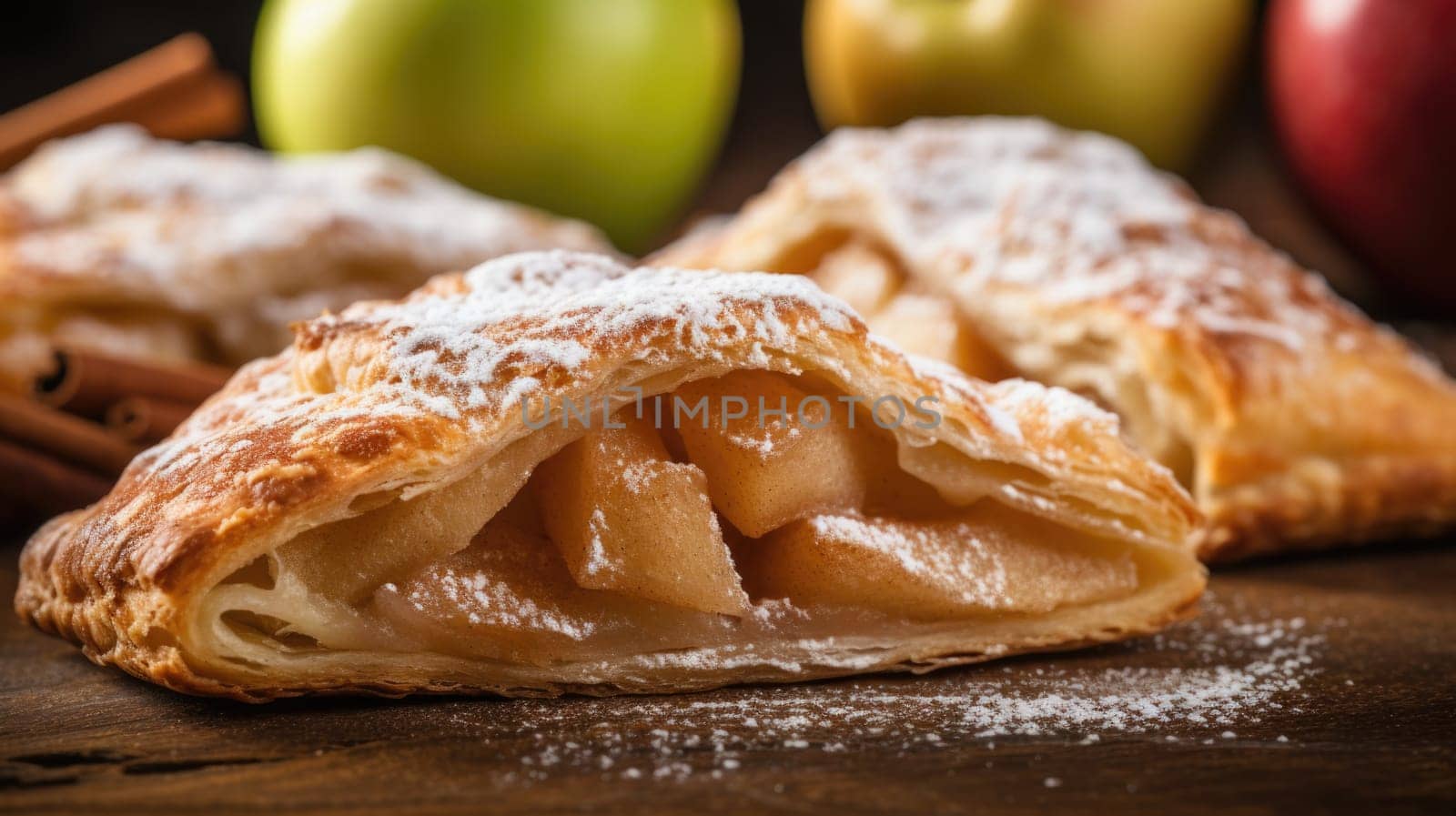 A perfectly flaky apple turnover with cinnamon on a wooden table
