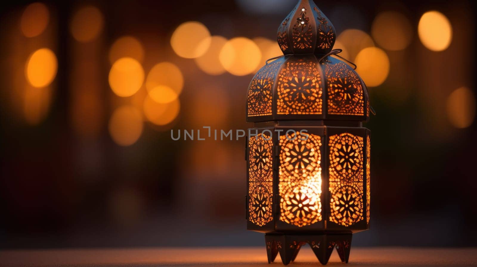 A decorative lamp with a lit candle on a table