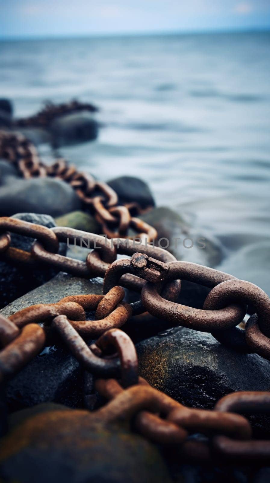Chain of links on rocks by the sea