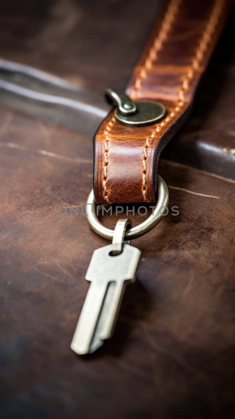 A key on a leather keychain