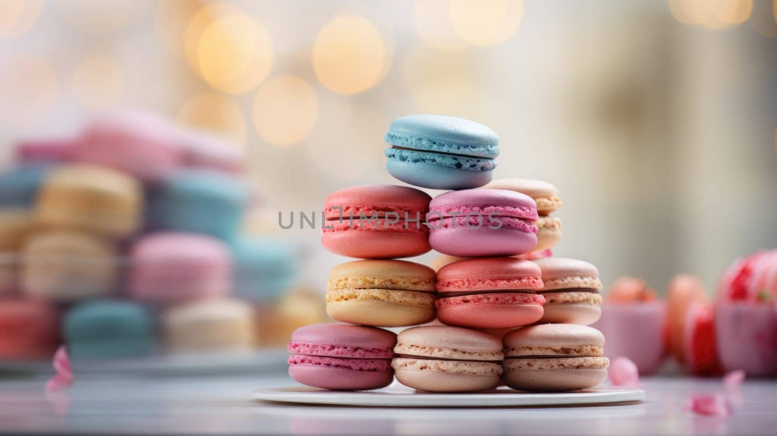 A stack of colorful macarons on a table