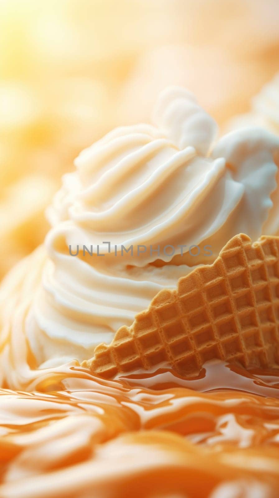 Ice cream in waffle cone with orange syrup