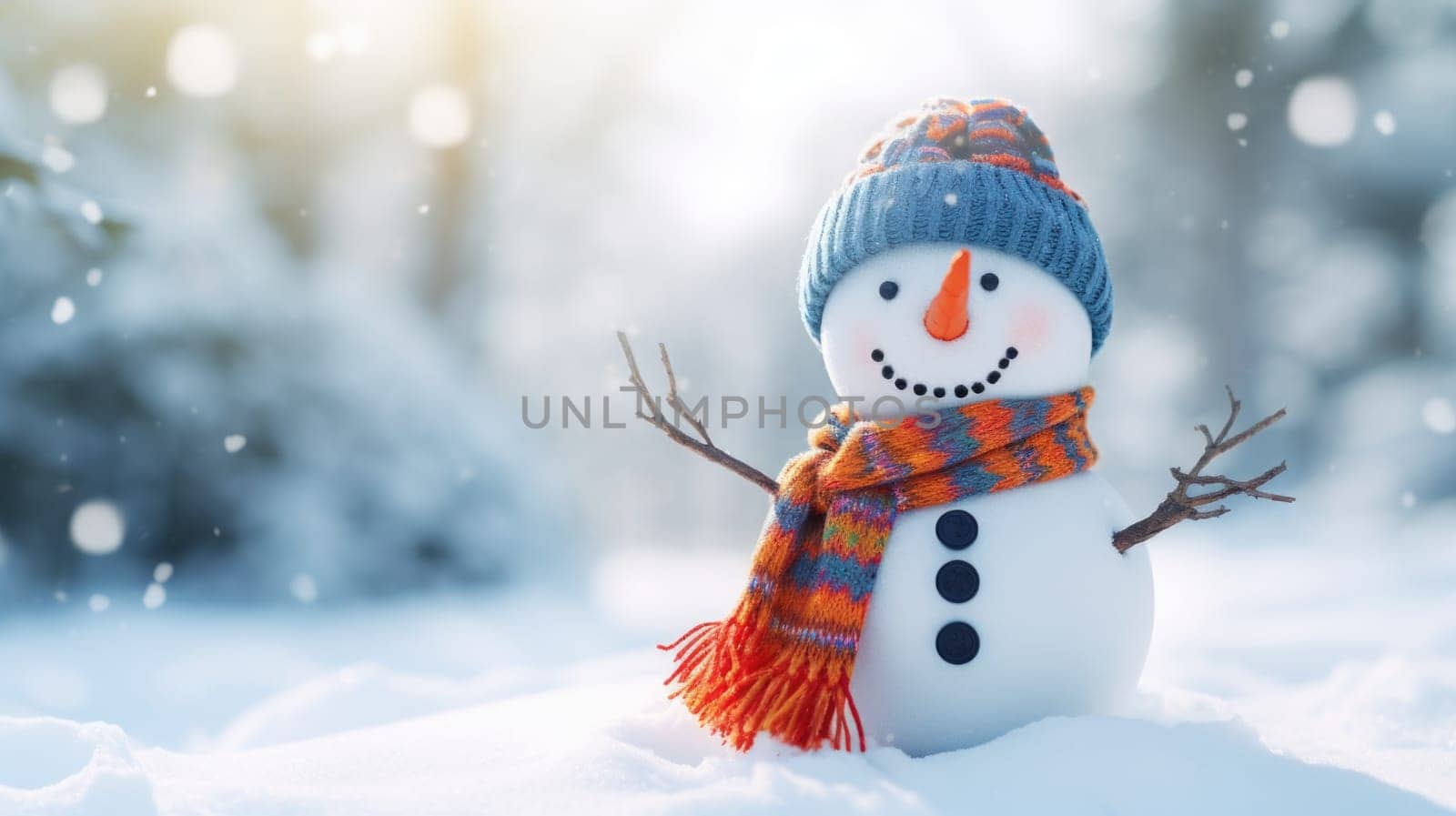 A snowman wearing a hat and scarf in the snow