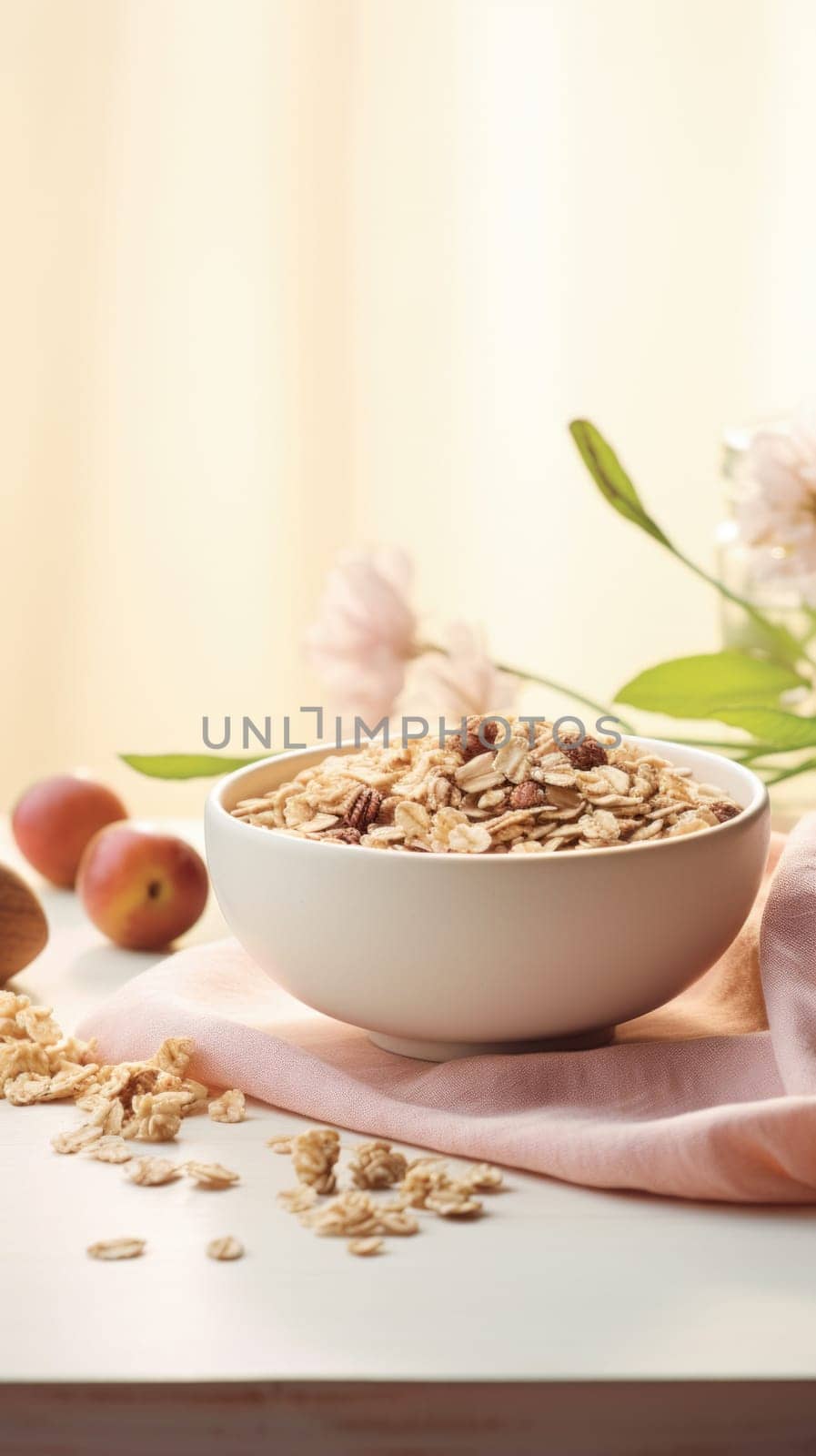 Cereal with almonds and apricots on a table, AI by starush