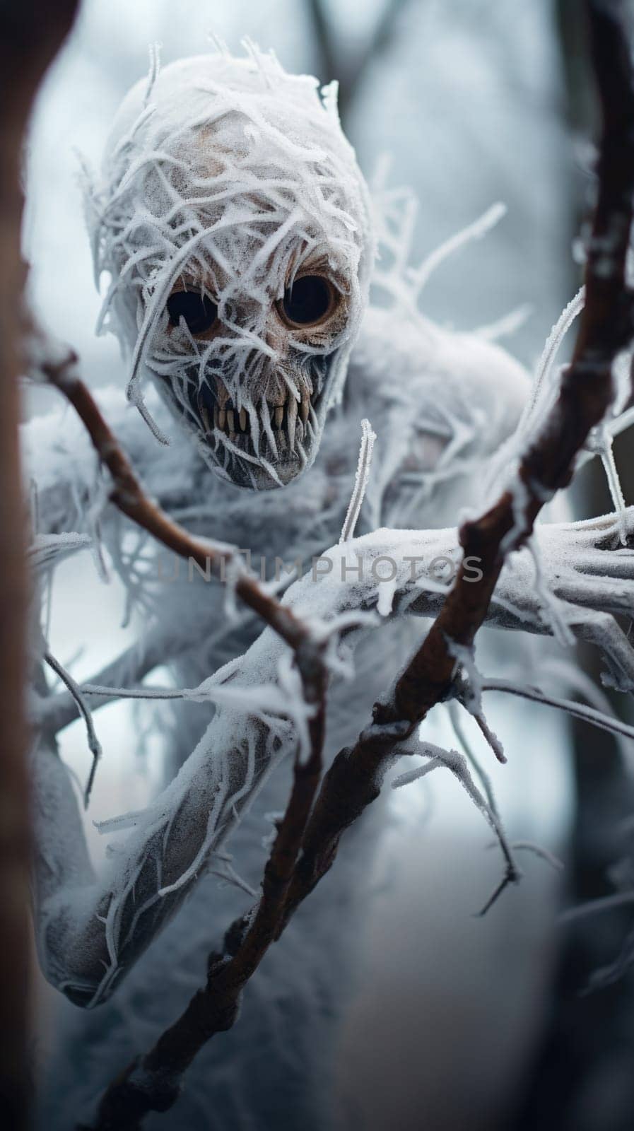 A frozen skeleton monster is covered in ice and snow, AI by starush