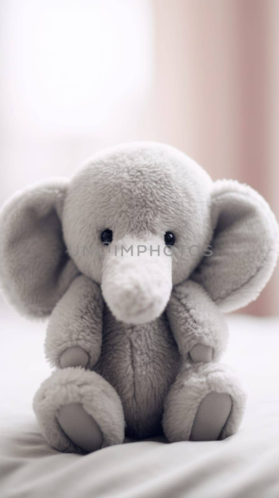 A stuffed elephant sitting on a bed