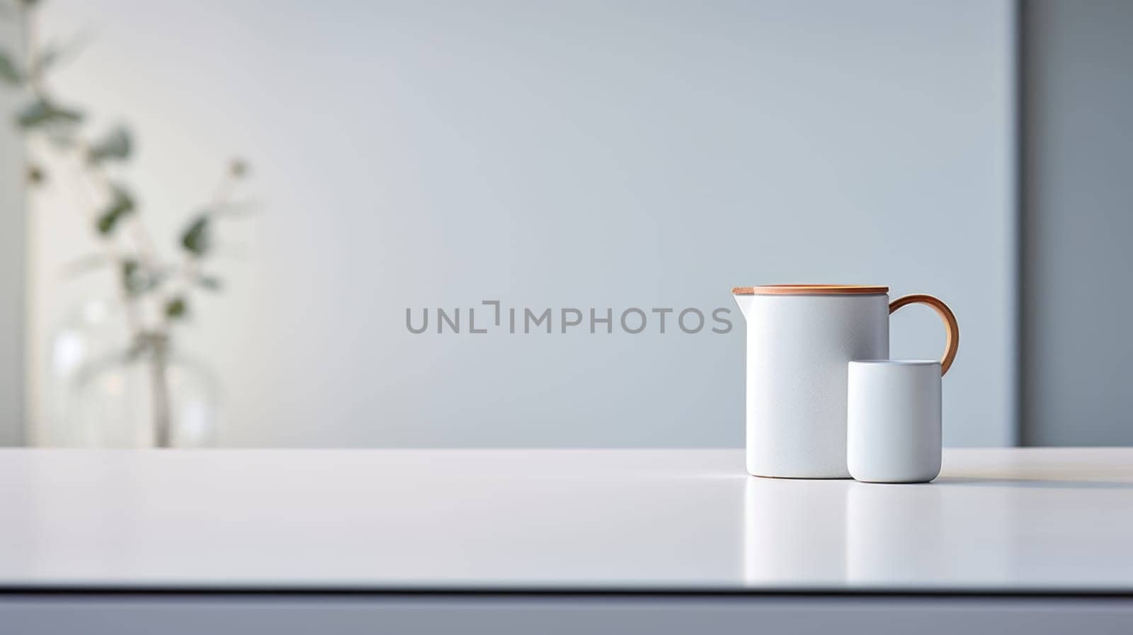 A white table with a white pitcher and a white cup