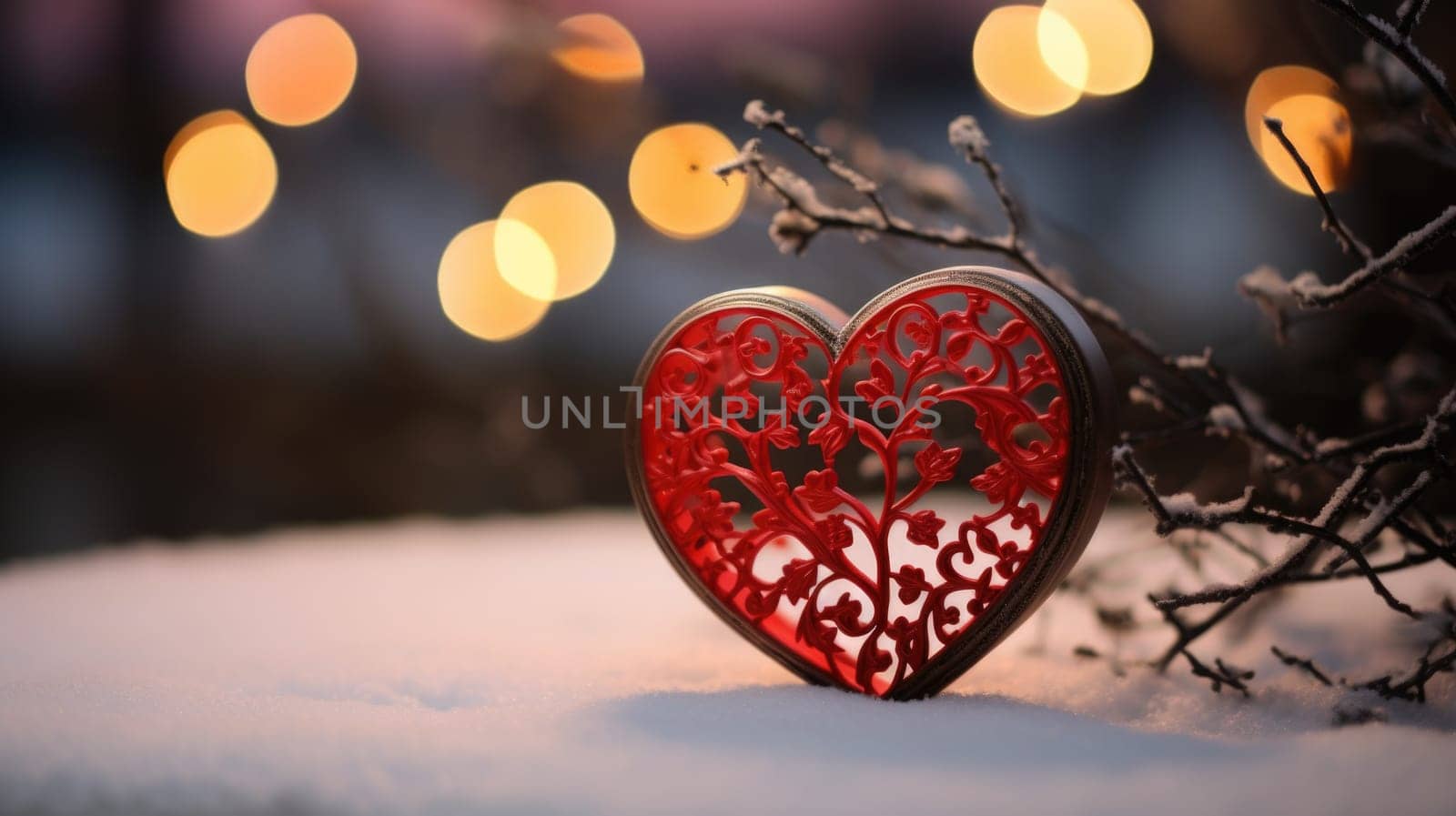 A red heart shaped object in the snow, AI by starush