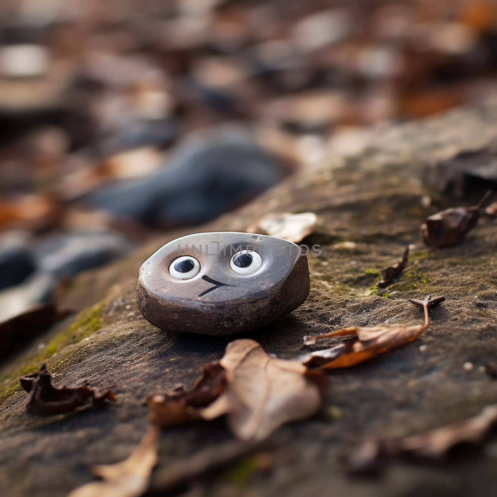 A rock with eyes sitting on top of leaves. Pareidolia.
