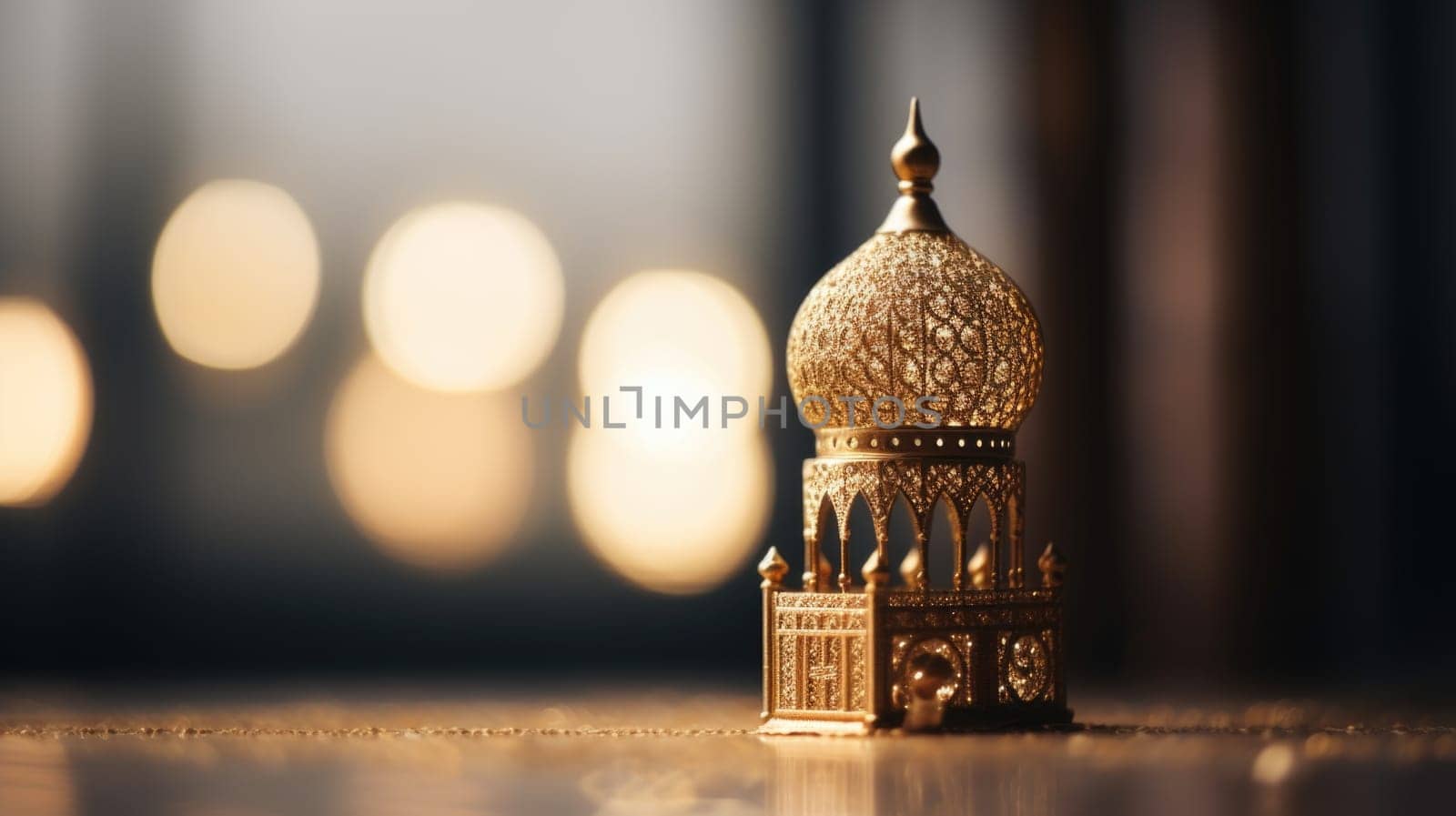 Golden islamic mosque with lights in the background
