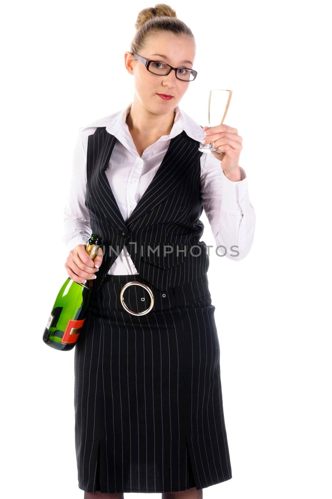 Young woman with blond hair in a business suit (tax consultant,manager,secretary) at party with champagne glass against a white background