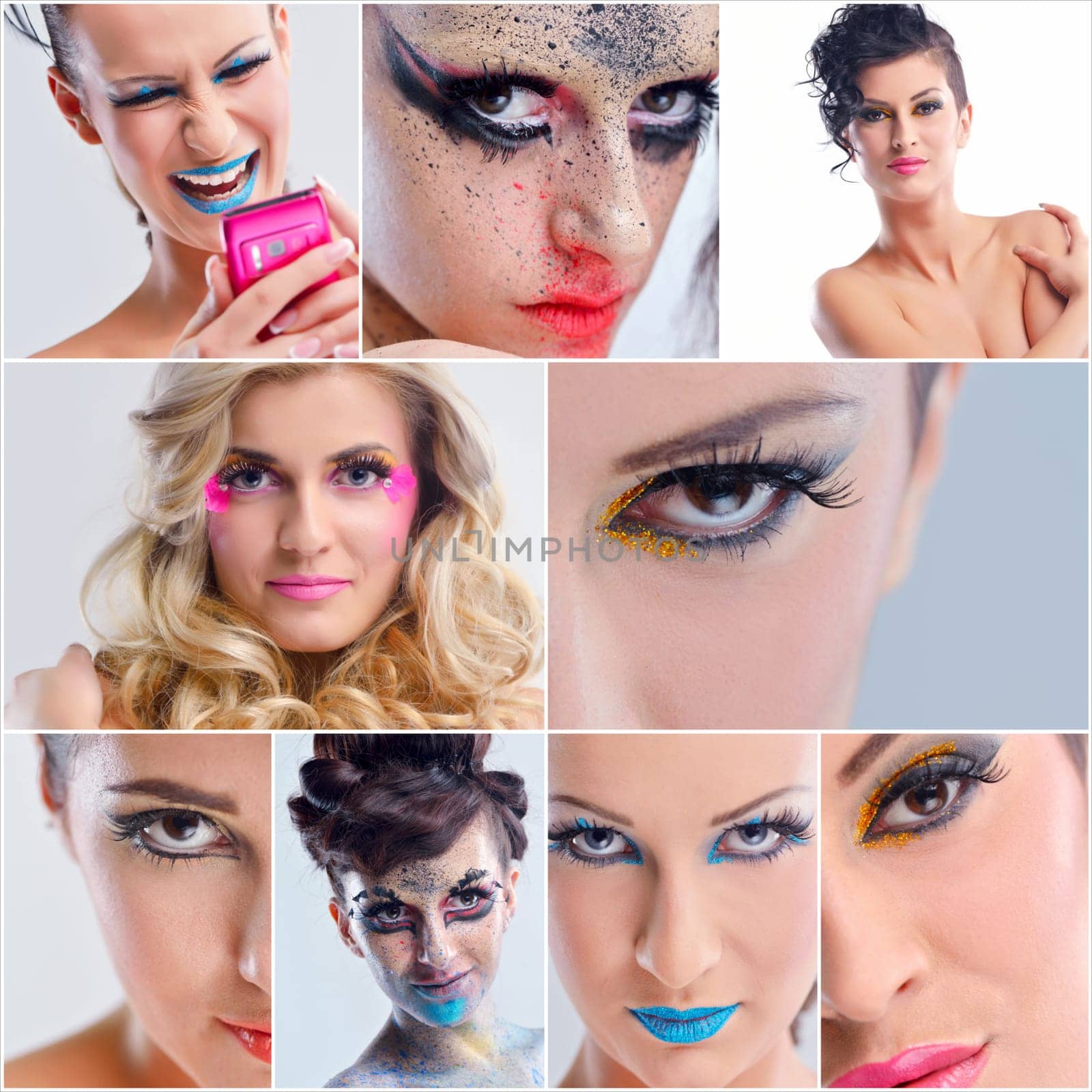 Fashion Beauty collage. Beautiful Woman With hairsyle  and Luxury Makeup isolated on white background in studio. Beautiful Girl Face