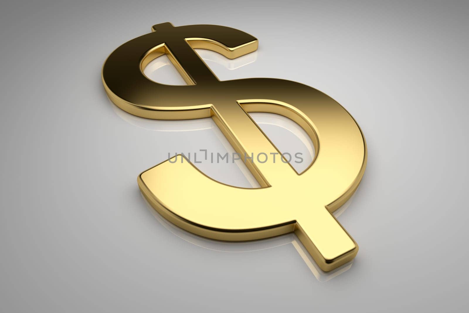Gold dollar sign on gray background, 3d render