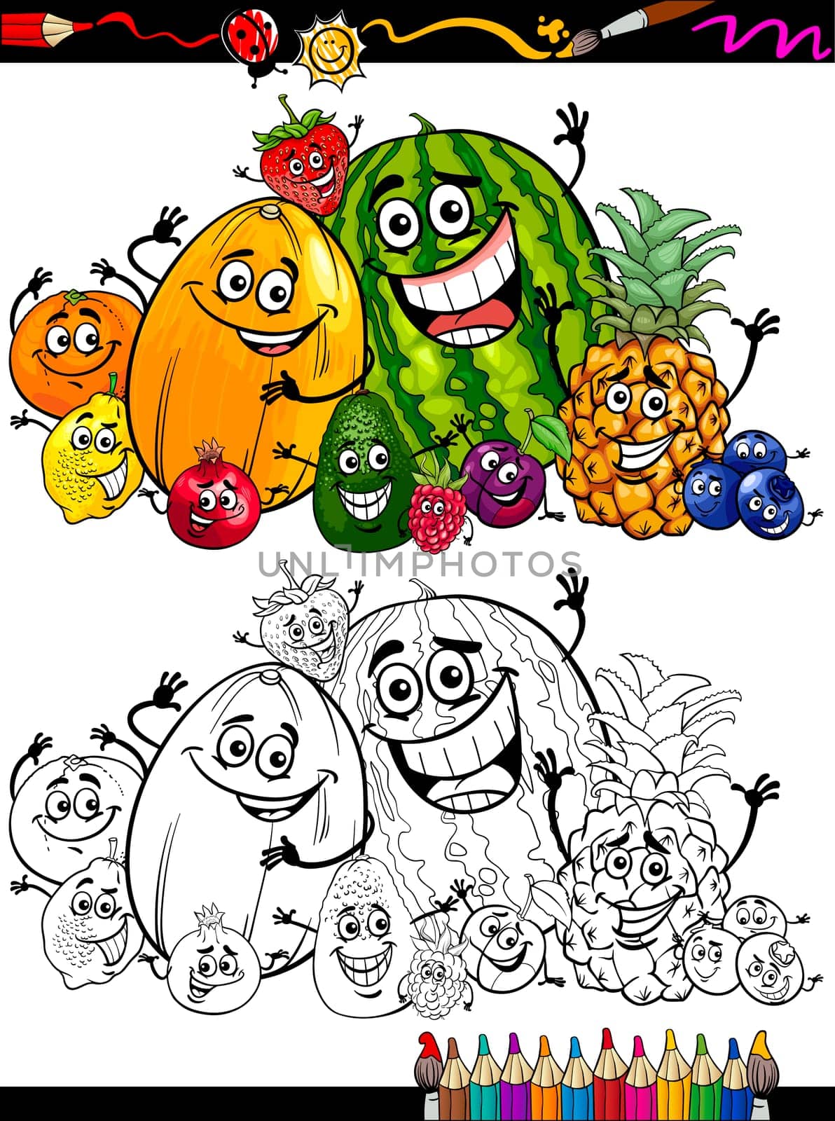 Coloring Book or Page Cartoon Illustration of Funny Fruits Comic Food Characters Group for Children Education