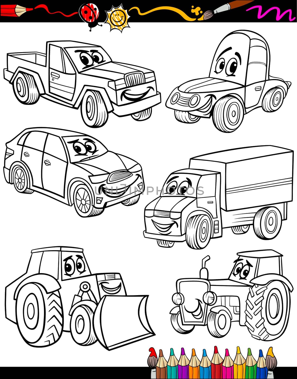 Coloring Book or Page Cartoon Illustration of Black and White Cars or Trucks Vehicles and Machines Comic Characters Set for Children Education