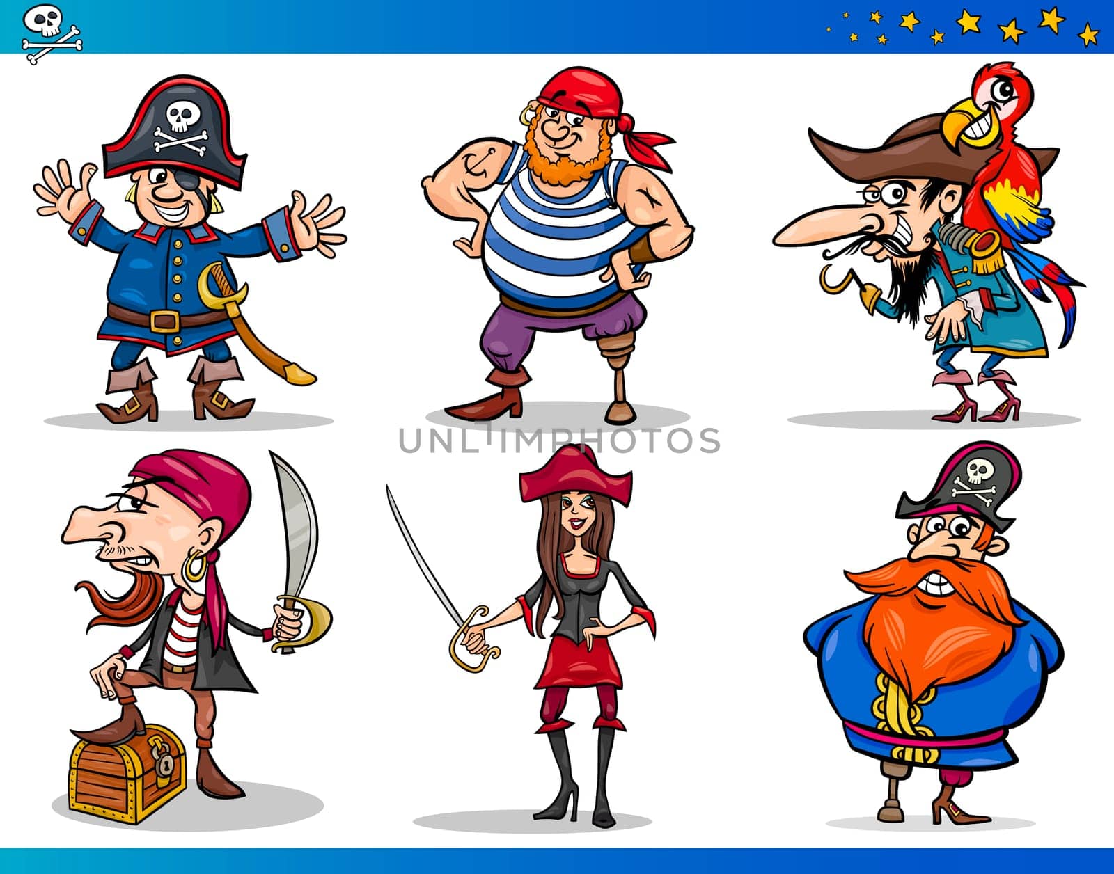 Cartoon Illustrations Set of Fairytale or Fantasy Pirates or Corsairs Mascot Characters