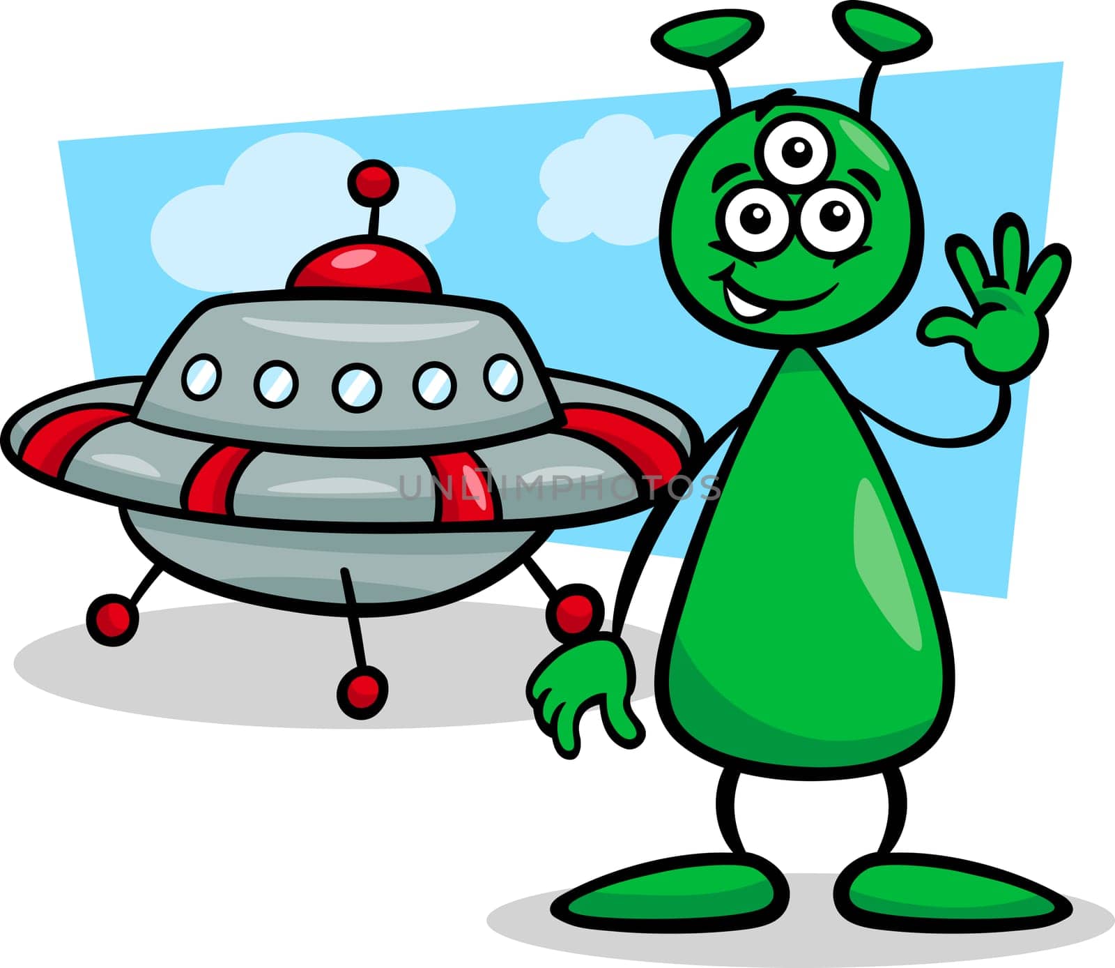 Cartoon Illustration of Funny Alien or Martian Comic Character with Ufo or Spaceship