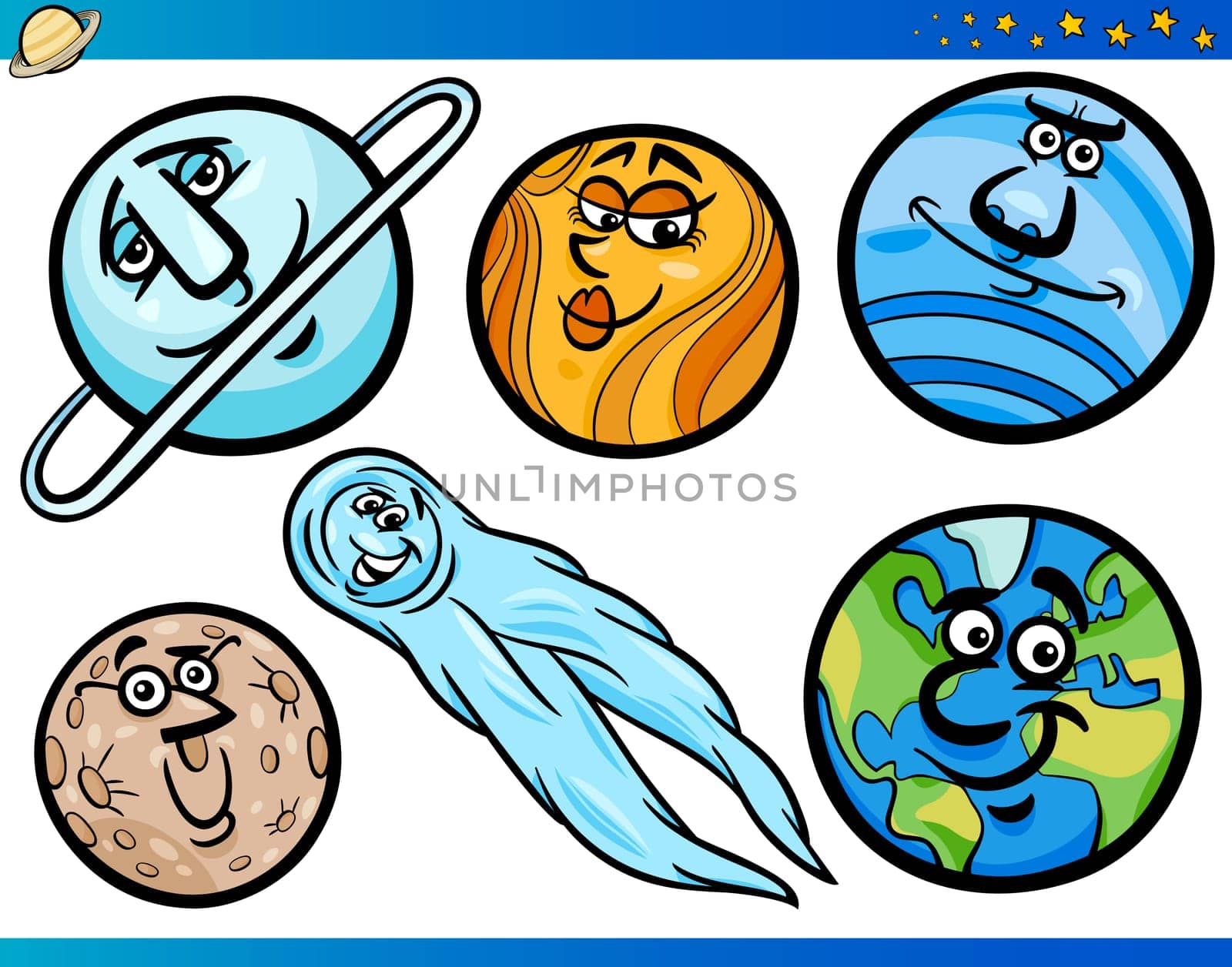 Cartoon Illustration of Funny Orbs and Planets from Solar System Space Comic Mascot Character