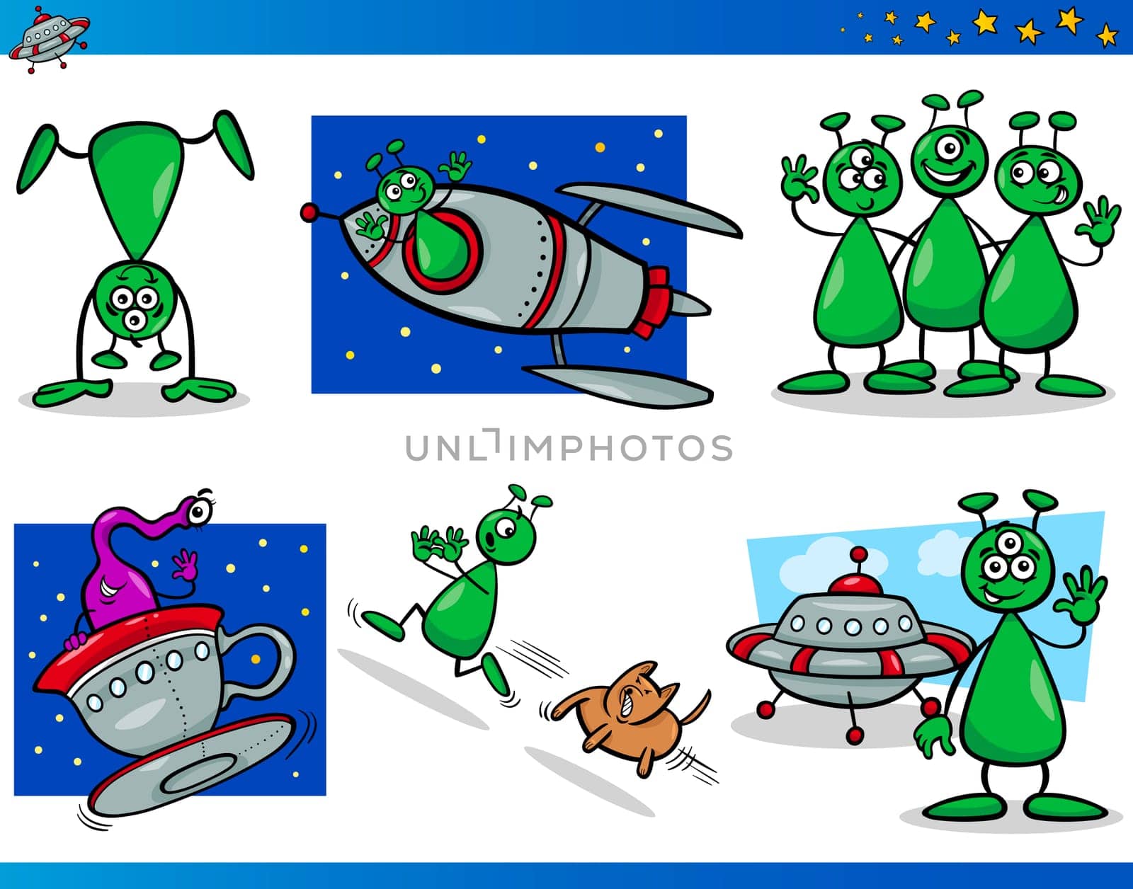 Cartoon Illustrations Set of Fantasy Aliens or Martians Comic Mascot Characters