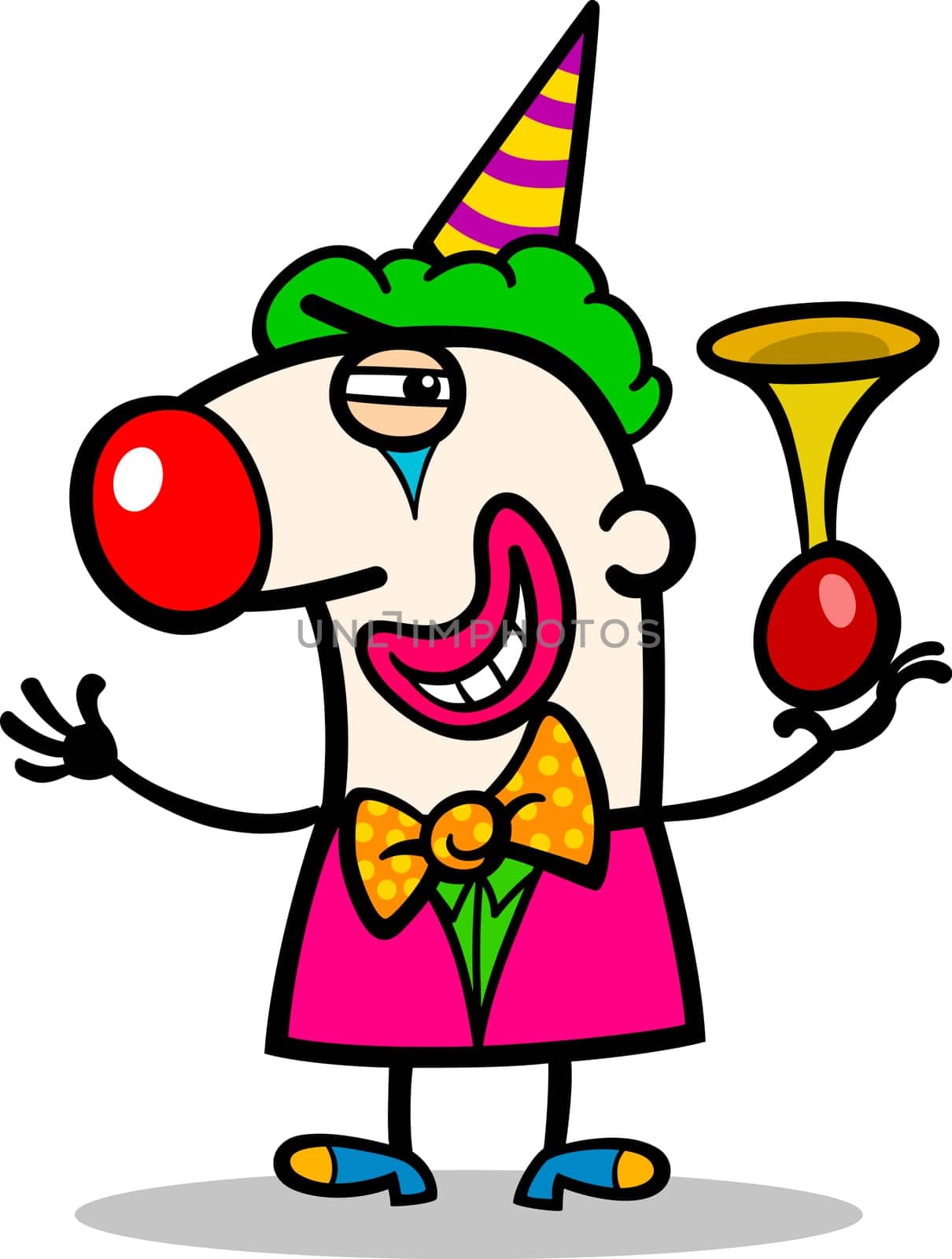 Cartoon Illustration of Funny Clown Performer with Horn Profession Occupation
