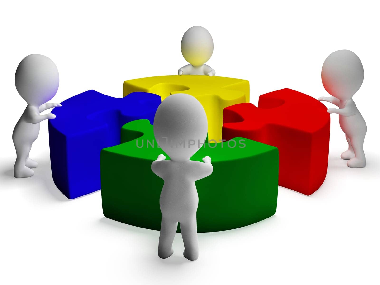 Puzzle Solved And 3d Characters Shows Unity And Cooperation