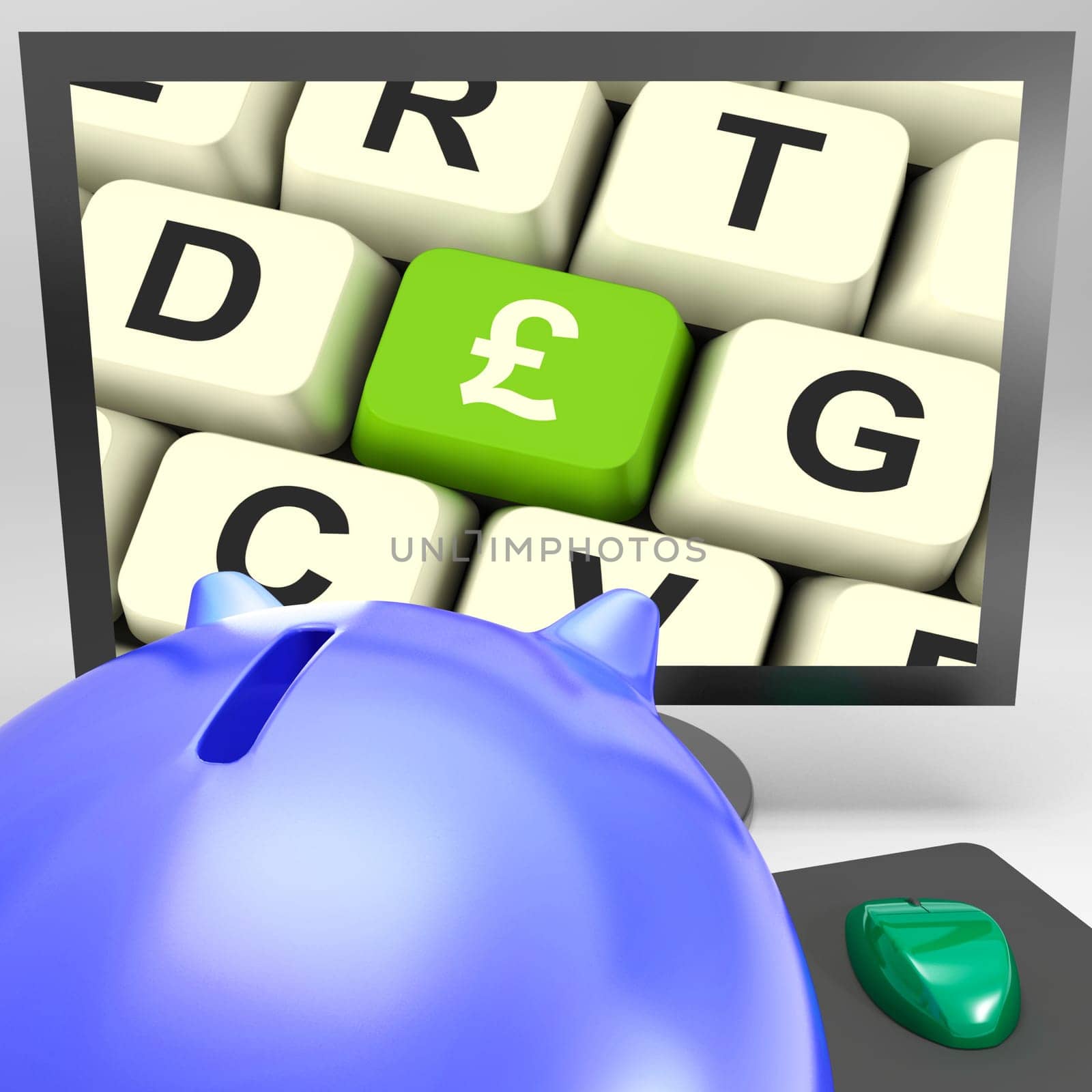 Pound Key On Monitor Showing Britain Prosperity And Finances