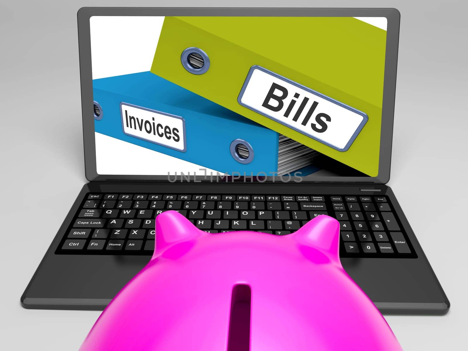 Bills And Invoices Files On Laptop Shows Finances Or Payments