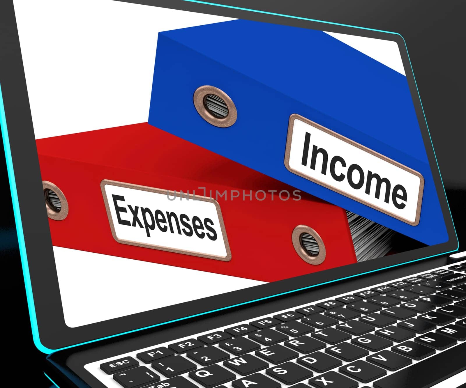 Income And Expenses Files On Laptop Shows Budgeting And Balance